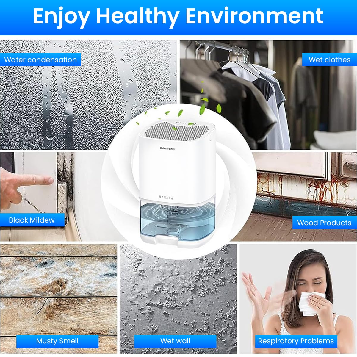 HANNEA Dehumidifier for Room with 1000ml Transparent Tank and Auto Shut Off | Up to 350ml Daily