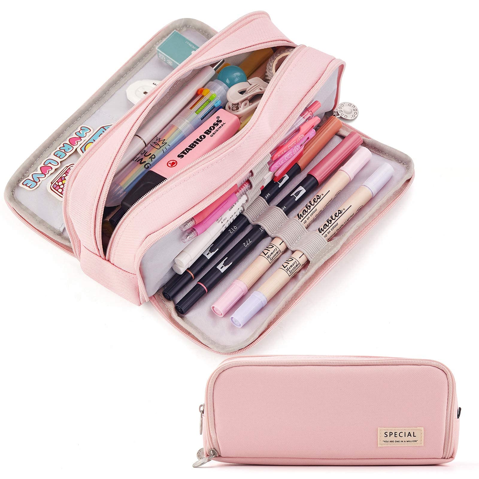 HASTHIP® Large Capacity Pencil Case, 3 Compartment Pouch Pen Bag, Durable Multiple Compartment 3 Zipper Portable Storage Pencil Pouch for School Teen Girl Boy Men Women (Pink)