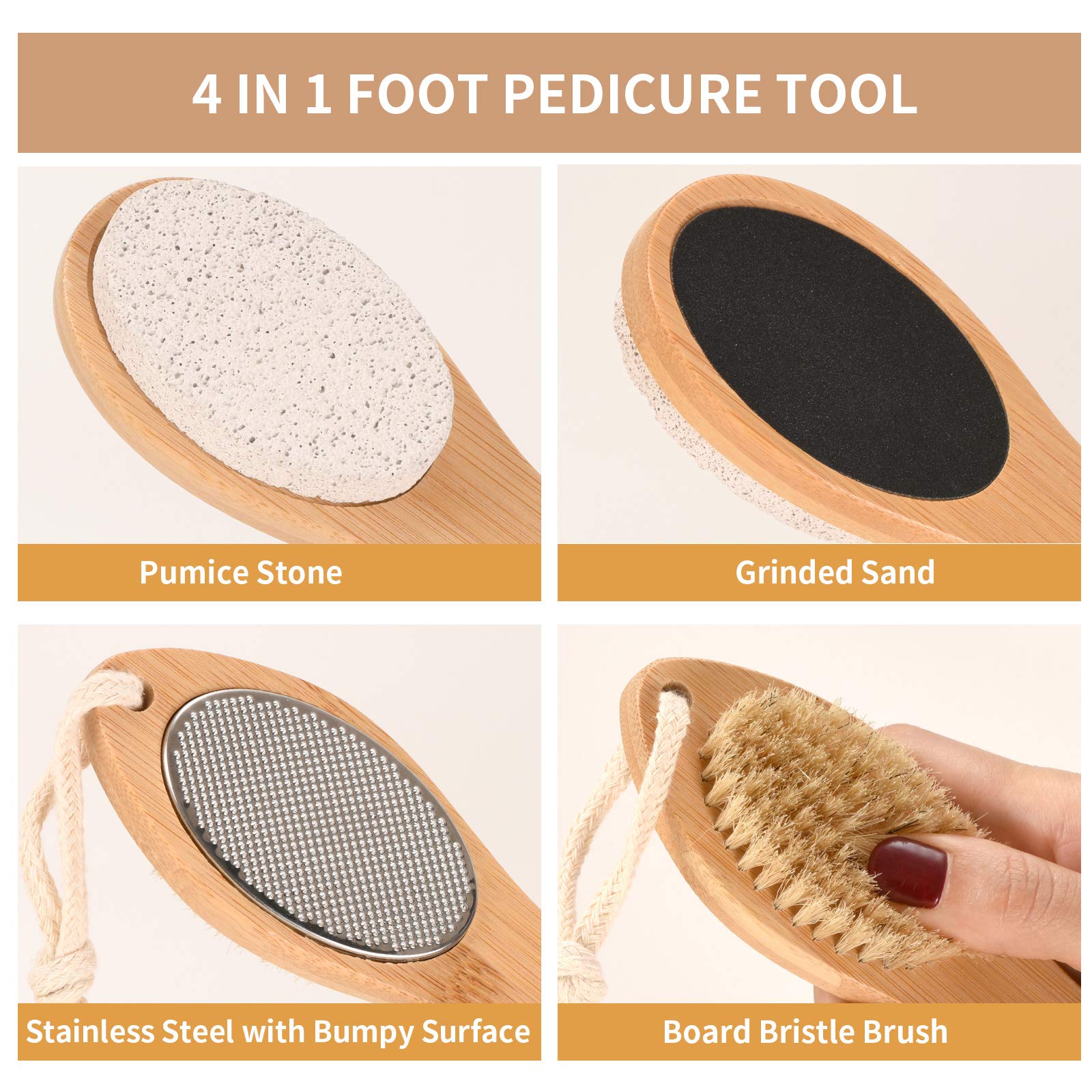 PatPat Foot Pedicure Brush for Callus Removal with 7.9 in Bamboo Handle and Soft Bristles | 4 in 1 Exfoliating Foot Care Tool