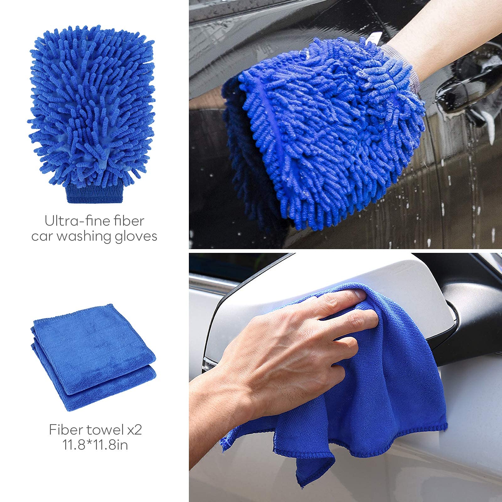 STHIRA® 15 Pcs Car Cleaning Brush Kit with 5 Pcs Different Size Detail Car Brushs,3 Pcs Wire Brushes,2Pcs,Blue Wash Towel,Wax Applicator Pads,1 Wash Glove, Air Vents Cleaning Brush