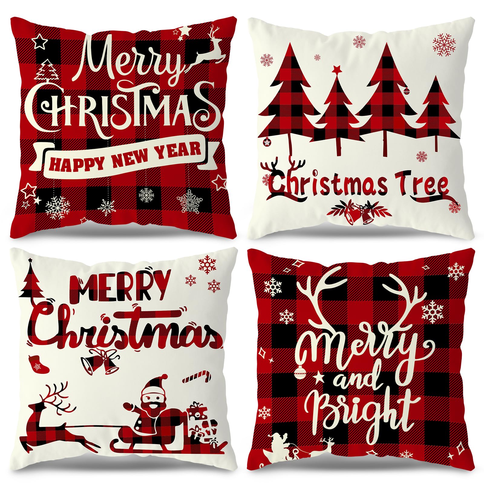 HASTHIP® 4Pcs Christmas Throw Pillow Covers 17.7'' Square, Festive Decorative Pillow Covers, Classic Red and Black Buffalo Plaid, Christmas-Themed Printed Short Plush Linen Couch Sofa Pillow Covers