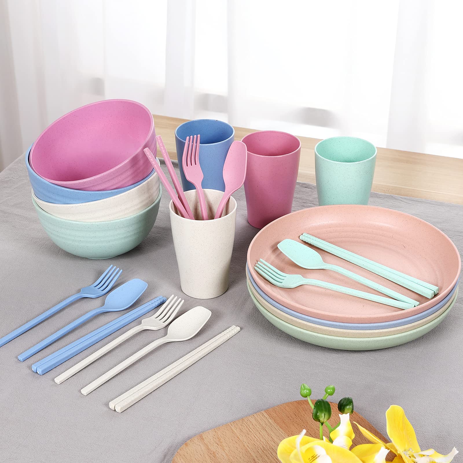 HASTHIP 28Pcs Lightweight Wheat Straw Dinnerware Sets, Unbreakable Microwave Dishwasher Safe Tableware, Lightweight Bowls, Cups, Half Plates, Knife, Fork, Spoon, Chopsticks Set