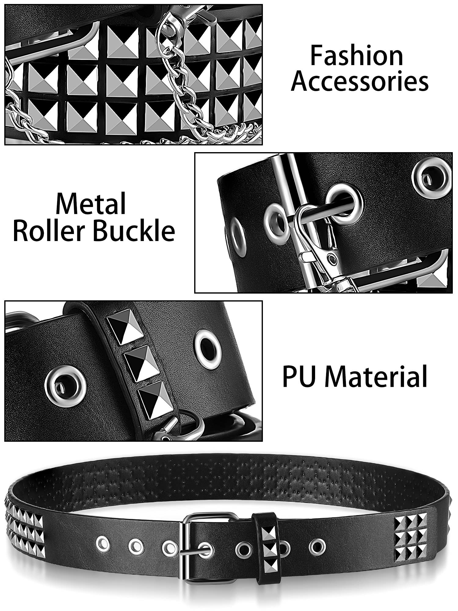 PALAY Punk Rock Studded Belt for Women featuring Three Row Nails 113cm PU Leather Black