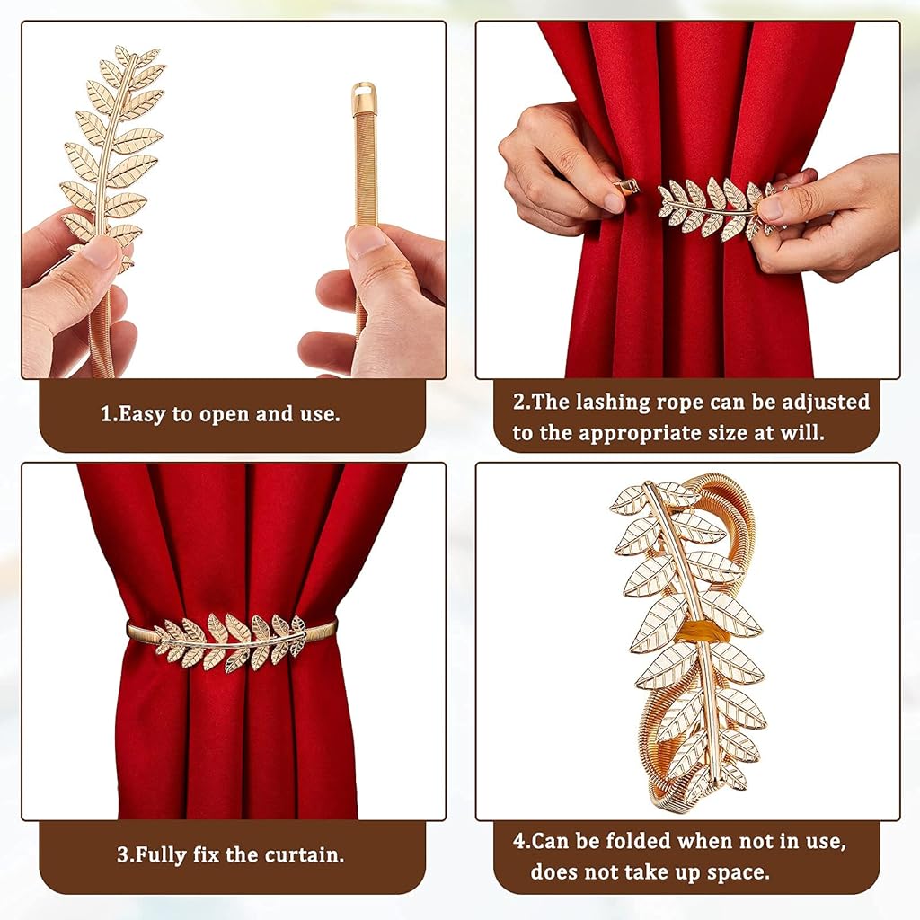 HASTHIP® 2 Pack Adjustable Curtain Tiebacks Alloy Straps with Clip Buckle Gold 3PCS