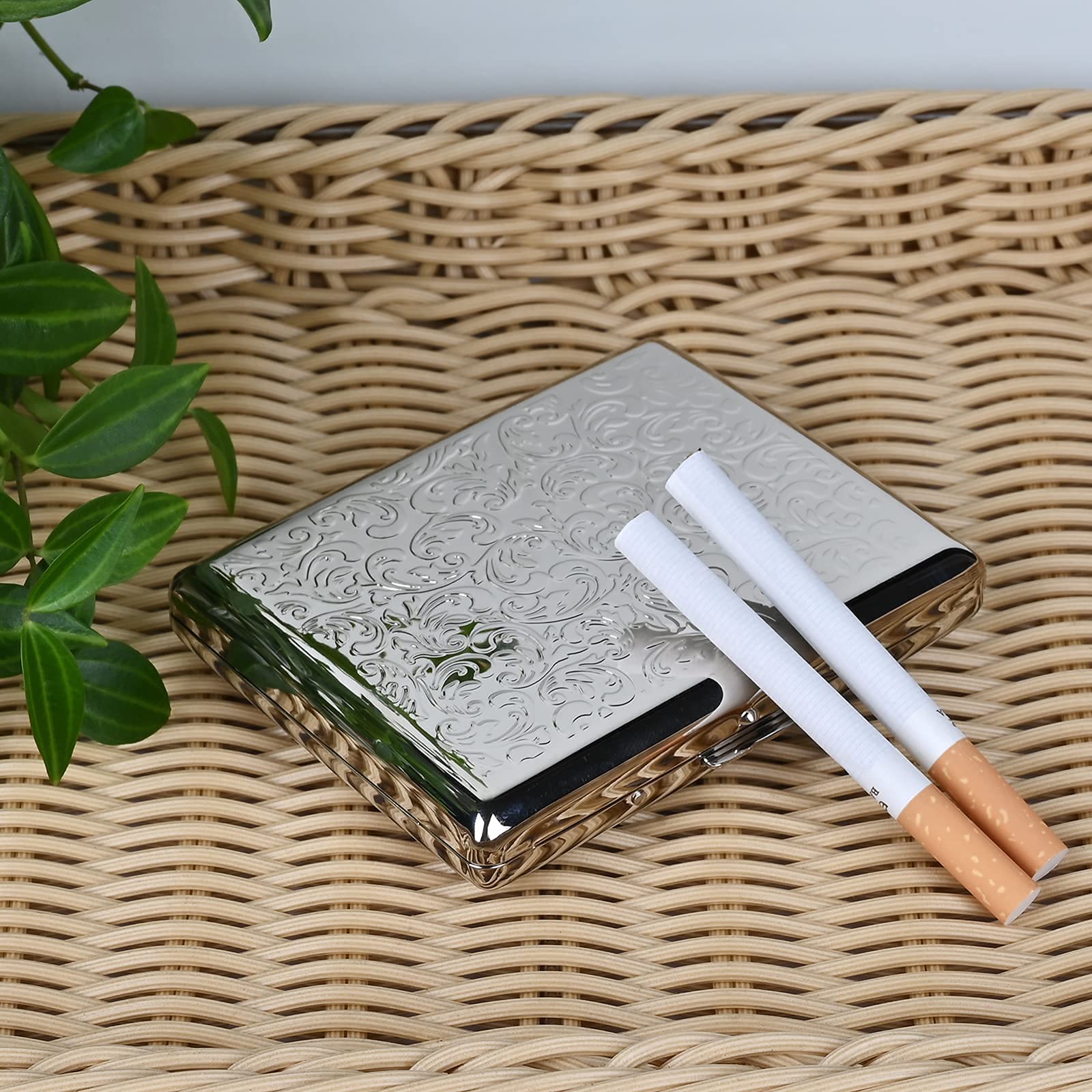 GUSTAVE Metal Cigarette Case for 20 Cigarettes with Dual Spring Clips and Silver Finish | 9.5×8×0.8 cm Portable Box