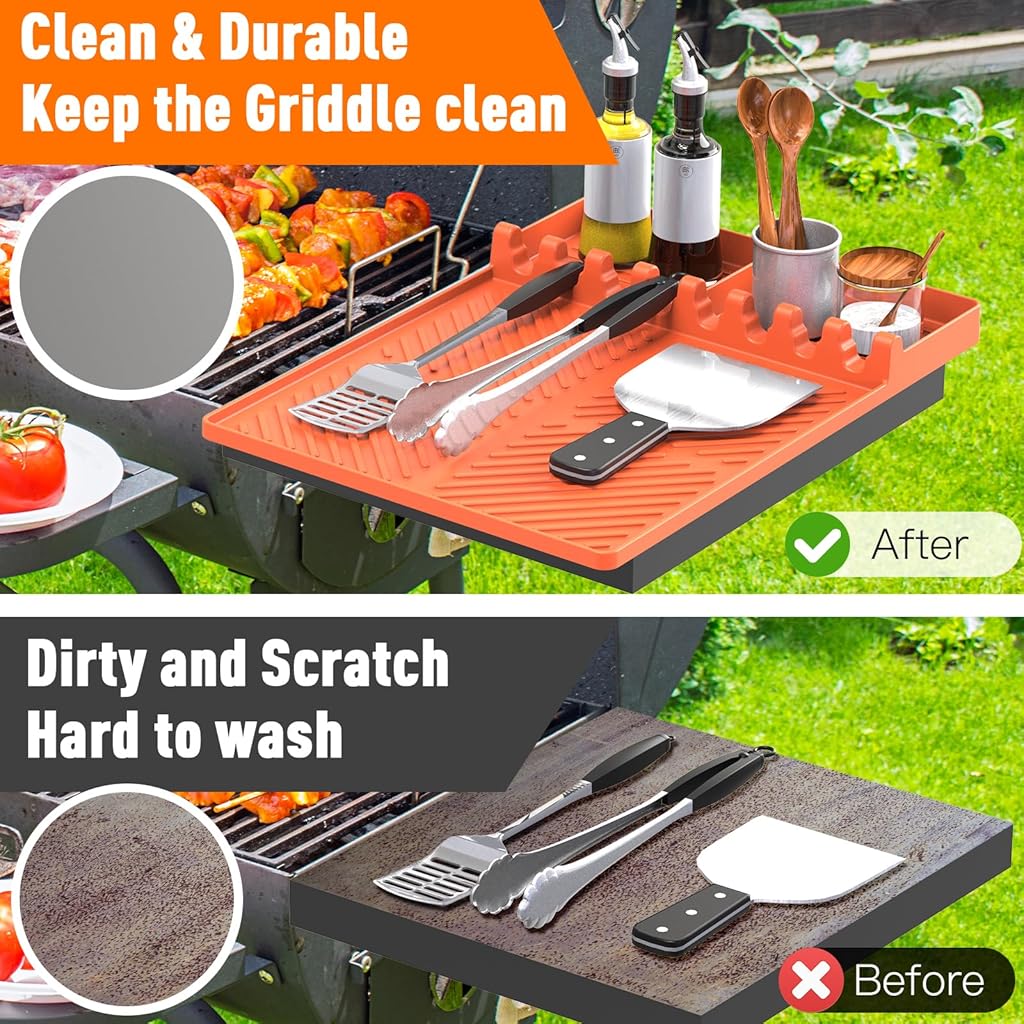 HASTHIP Silicone Grill Mat Compatible - Utensils Organizer Mat - Kitchen Drain Mat - Silicone Griddle Tools Mat with Drip Pad - Heat Resistant Grill Mat - Seasoning Bottles Tray & Kitchen Utensils