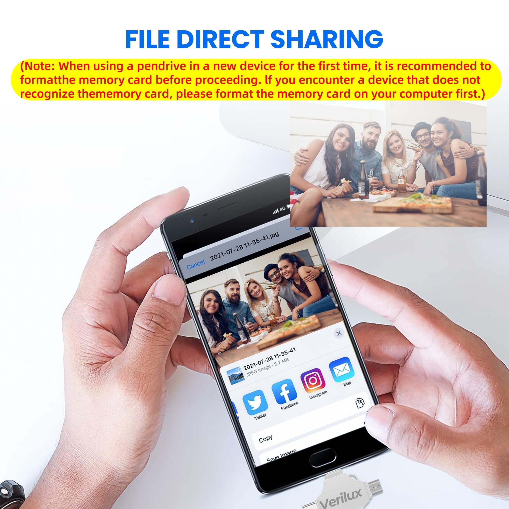 Verilux Flash Drive 128GB for iPhone and Android with 4 in 1 Type-C USB Design | Metal Keychain