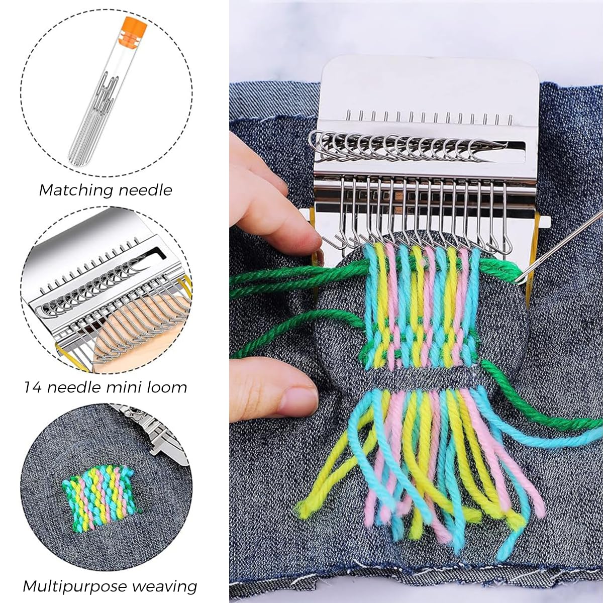 HASTHIP® Darning Mini Loom Machine, 21 Hooks Darning Loom Speedweve Type Weave Tool with 9 Yarn Knitting Needles DIY Textile Weaving Loom Kit for Beginners Mending Jeans, Repair Holes