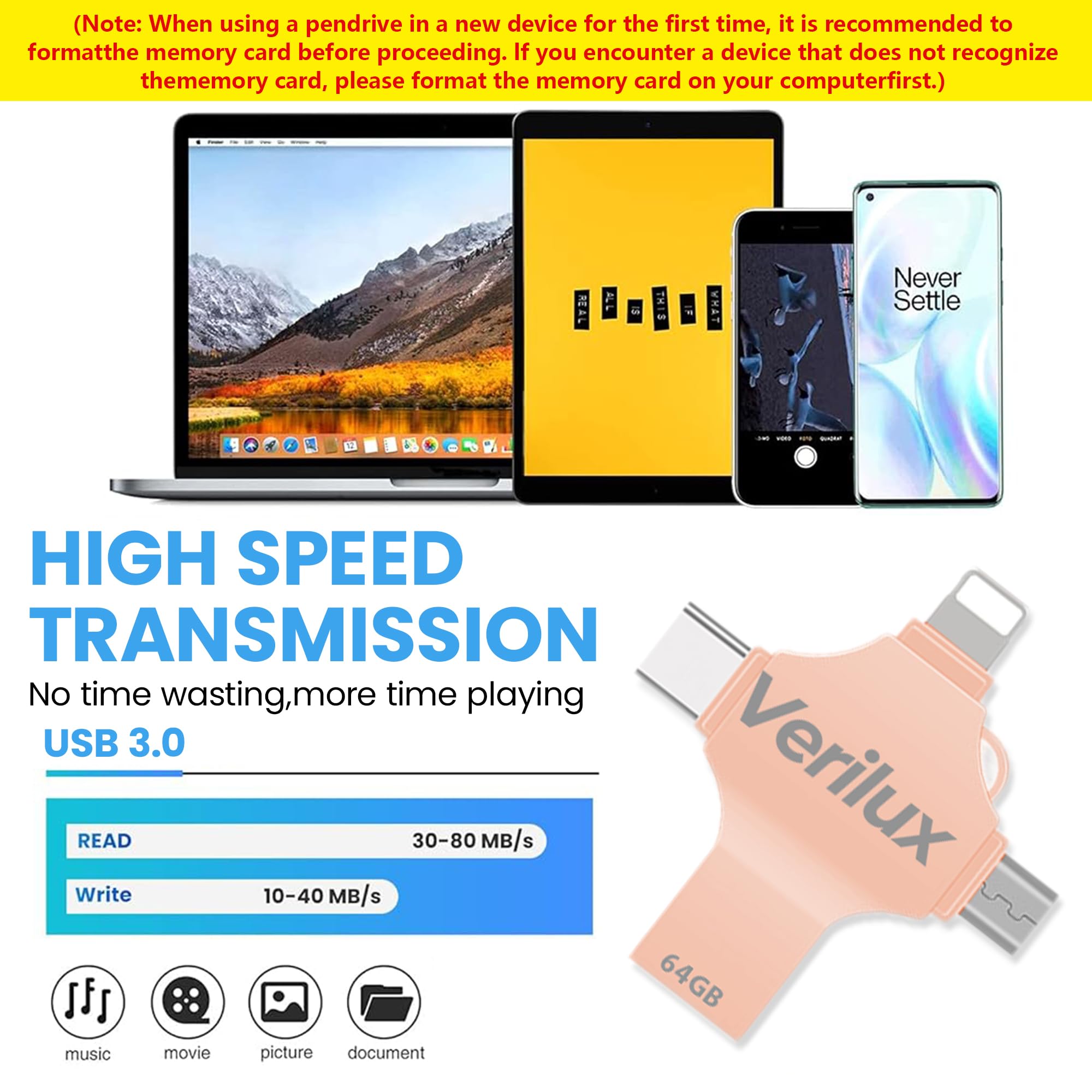 Verilux Pendrive 64GB with 4 in 1 Connector for iPhone Android and PC | Pink Metal Design