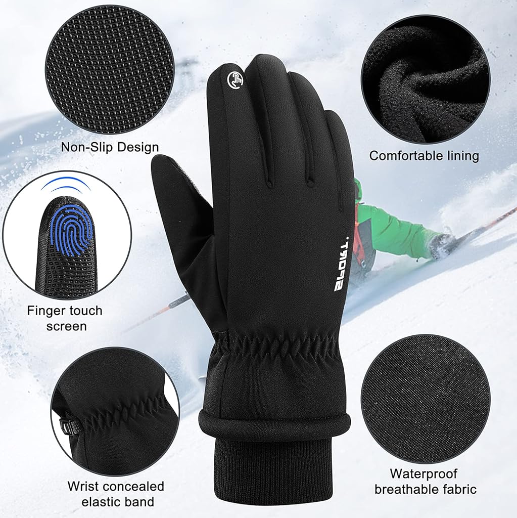 ZIBUYU® Winter Gloves for Men Warm Bike Riding Touch Screen Finger Microfiber Anti-Slip Windproof Waterproof Snow Ski Hand Black 3PCS