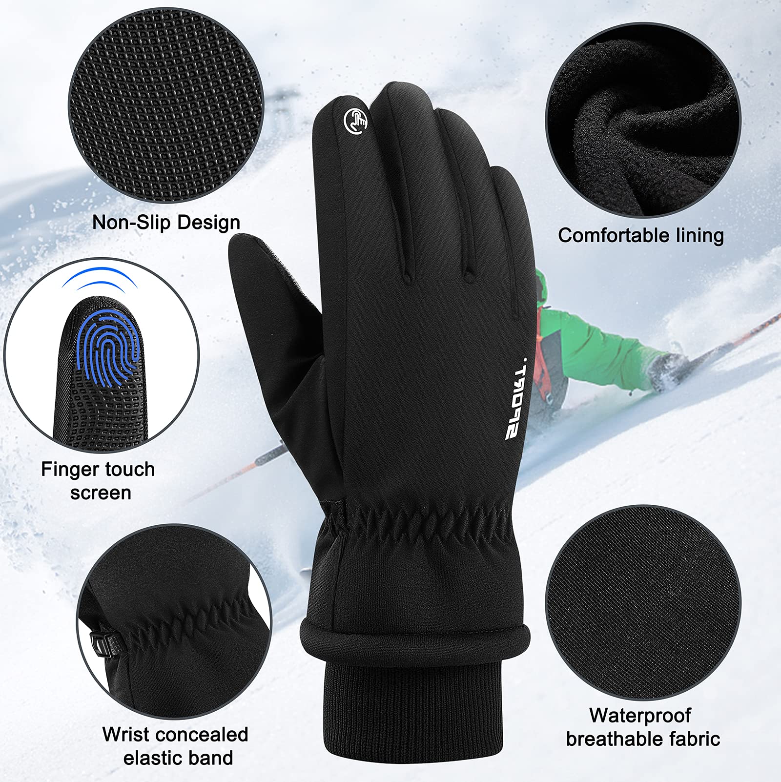 ZIBUYU  Winter Gloves for Men Women Adult Warm Bike Riding Gloves Touch Screen Finger Microfiber Anti-Slip Design Windproof Waterproof Snow Ski Gloves Hand Gloves(Black)