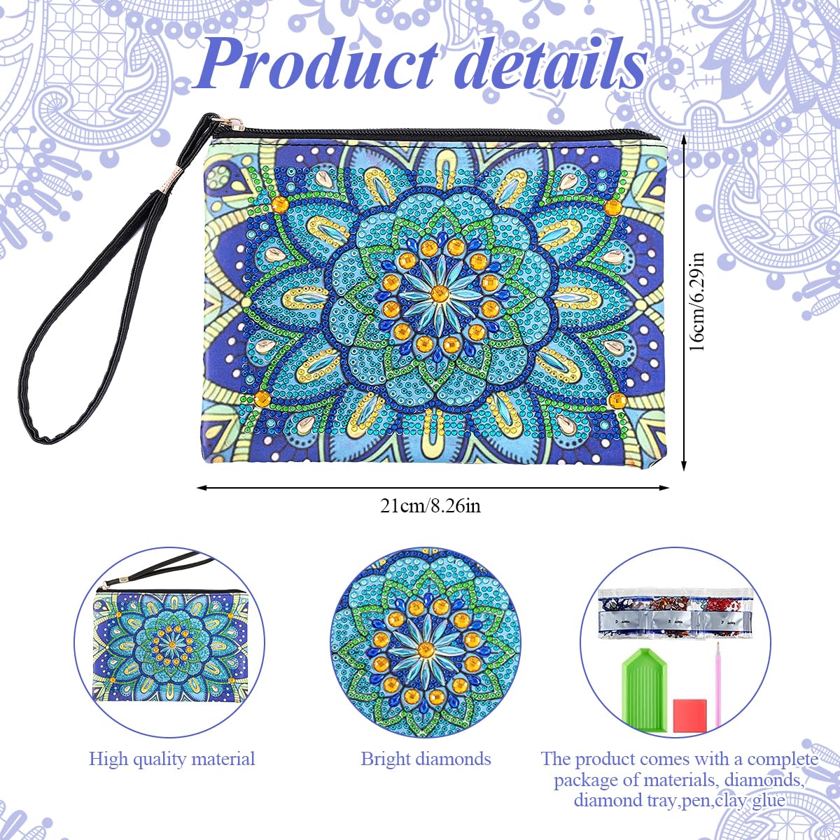 HASTHIP® DIY Makeup Bag Diamond Painting Art Material Kit with Color Gem Packs, Tools & Accessories, Blue Mandala Diamond Painting Utility Bag with Lanyard DIY Diamond Craft Gift, 8.26x6.29 inches