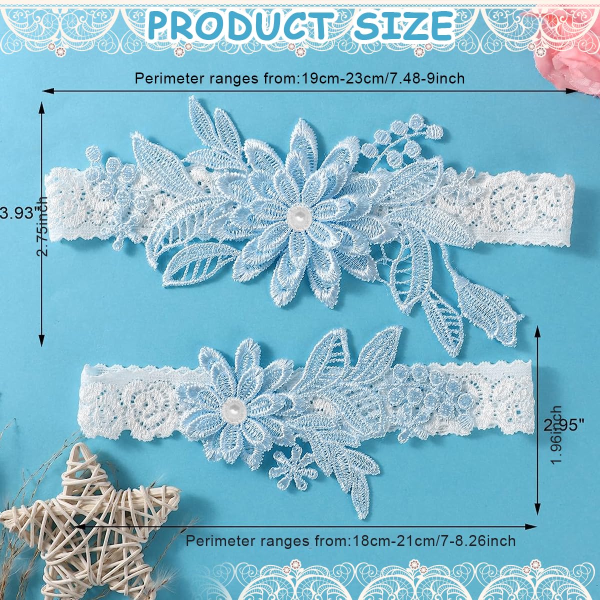 PALAY Lace Wedding Garter Set for Bride with Daisy Floral Applique and Pearl Center | 2pcs Adjustable 40–60cm Stretch Lace