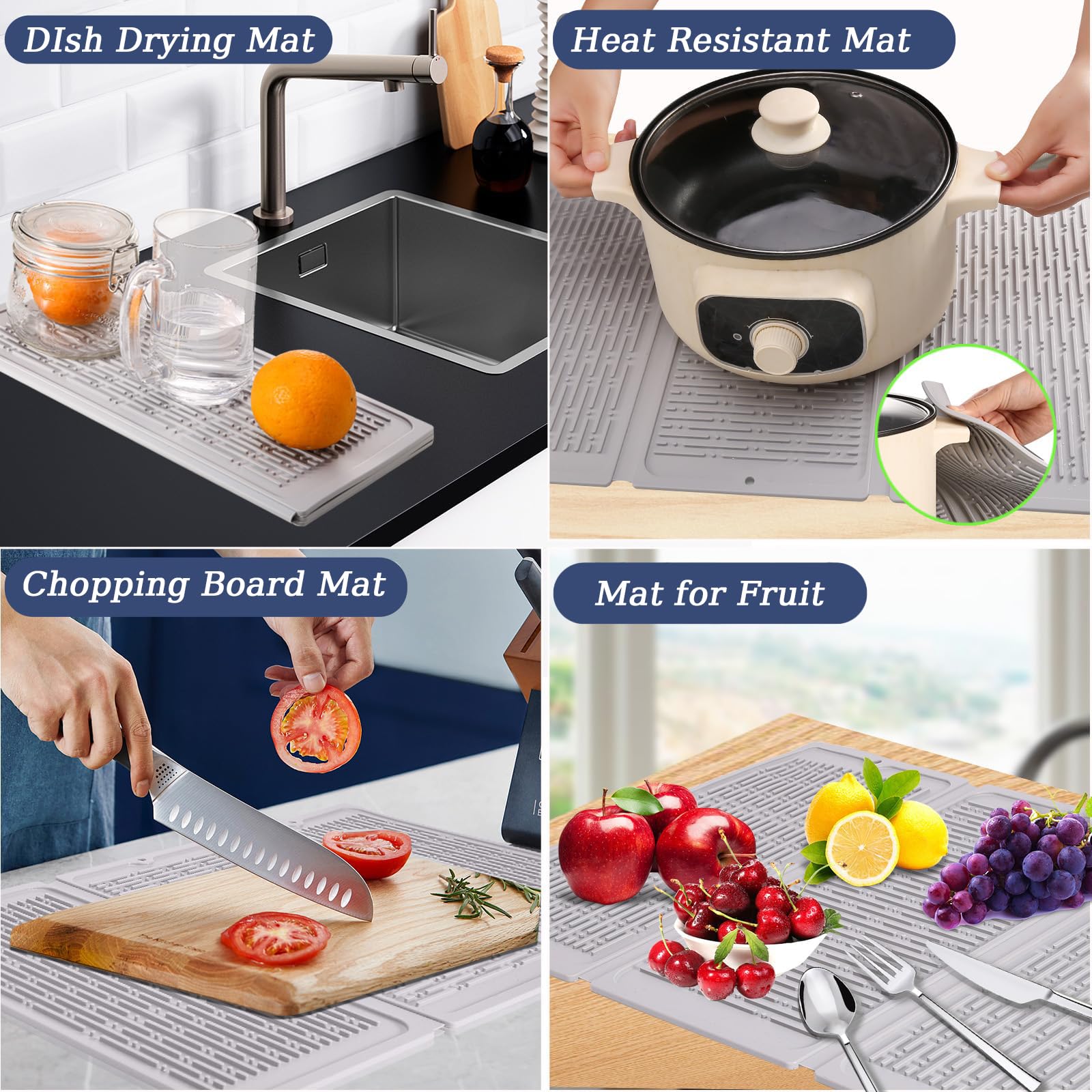 Supvox Silicone Dish Drying Mat for Kitchen Utensils 24 x 13 in with Trifold Design | Heat Resistant and Slip Proof