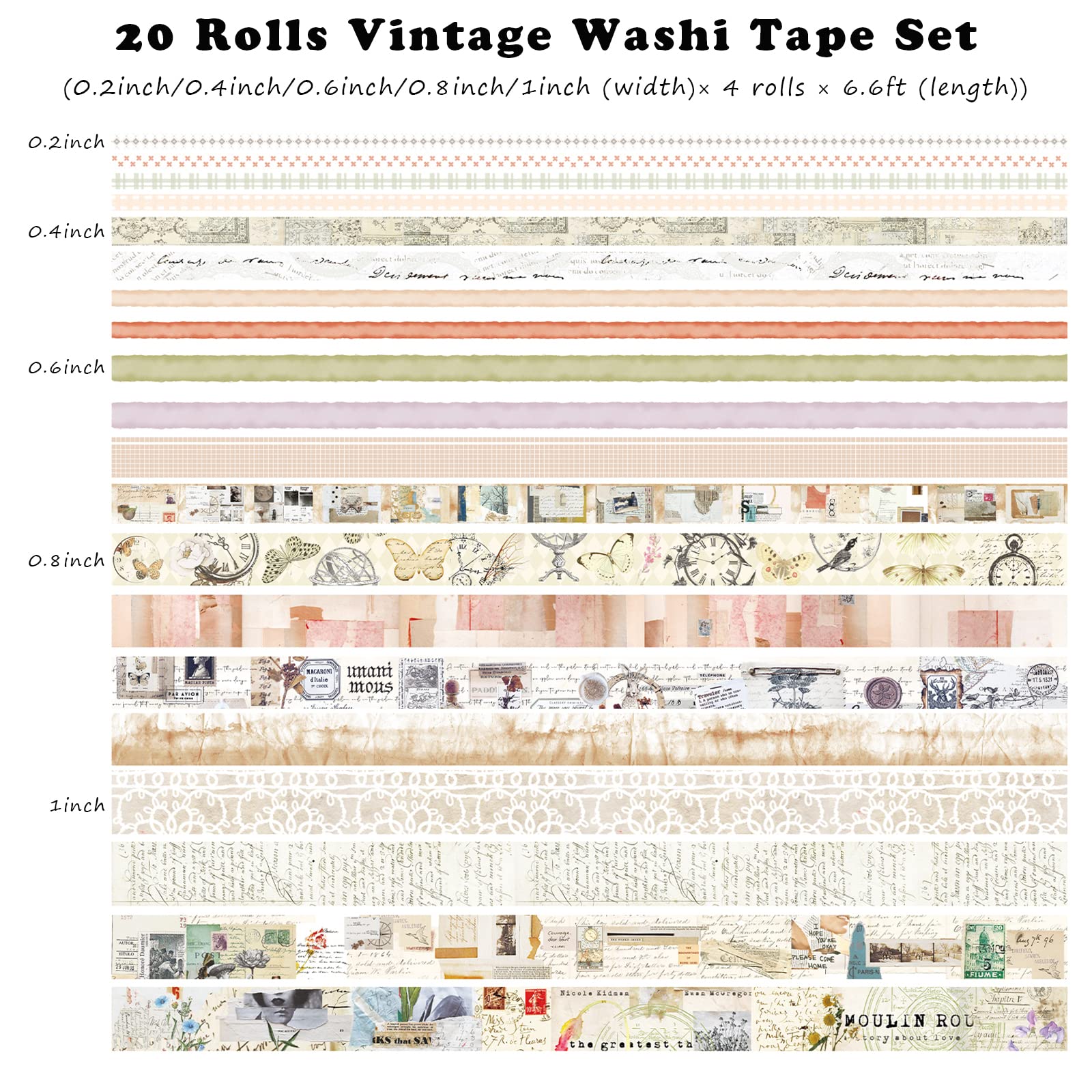 HASTHIP 20 Rolls Vintage Washi Tapes for Journal, Retro Aesthetic Masking Washi Tape Set for Decorative Scrapbook Supplies, Bullet Journal, DIY Decor and Craft Supplies