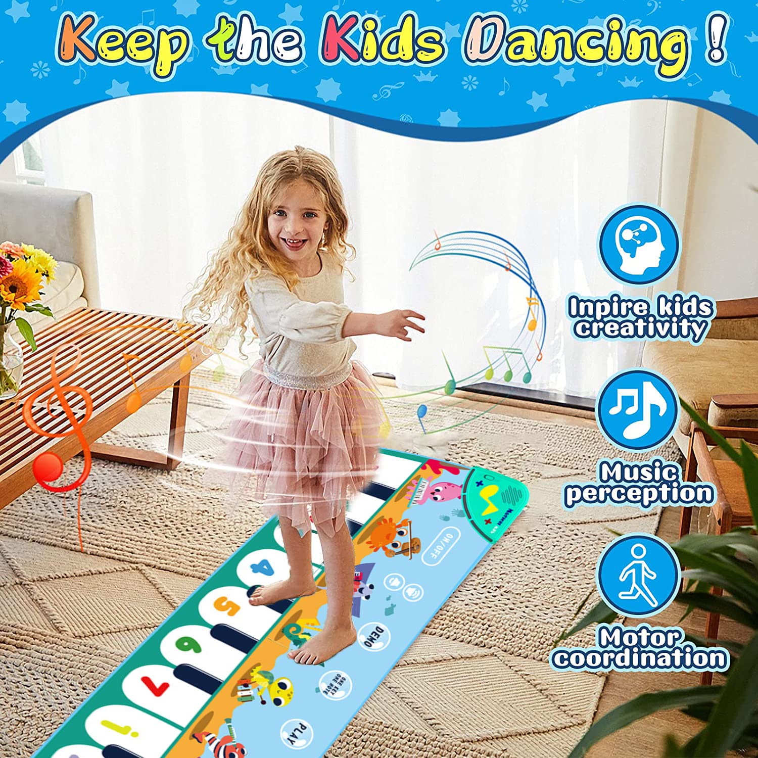 PATPAT Piano Mat for Kids with 8 Sounds and 6 Modes 110×36cm Foldable Play Mat | Blue