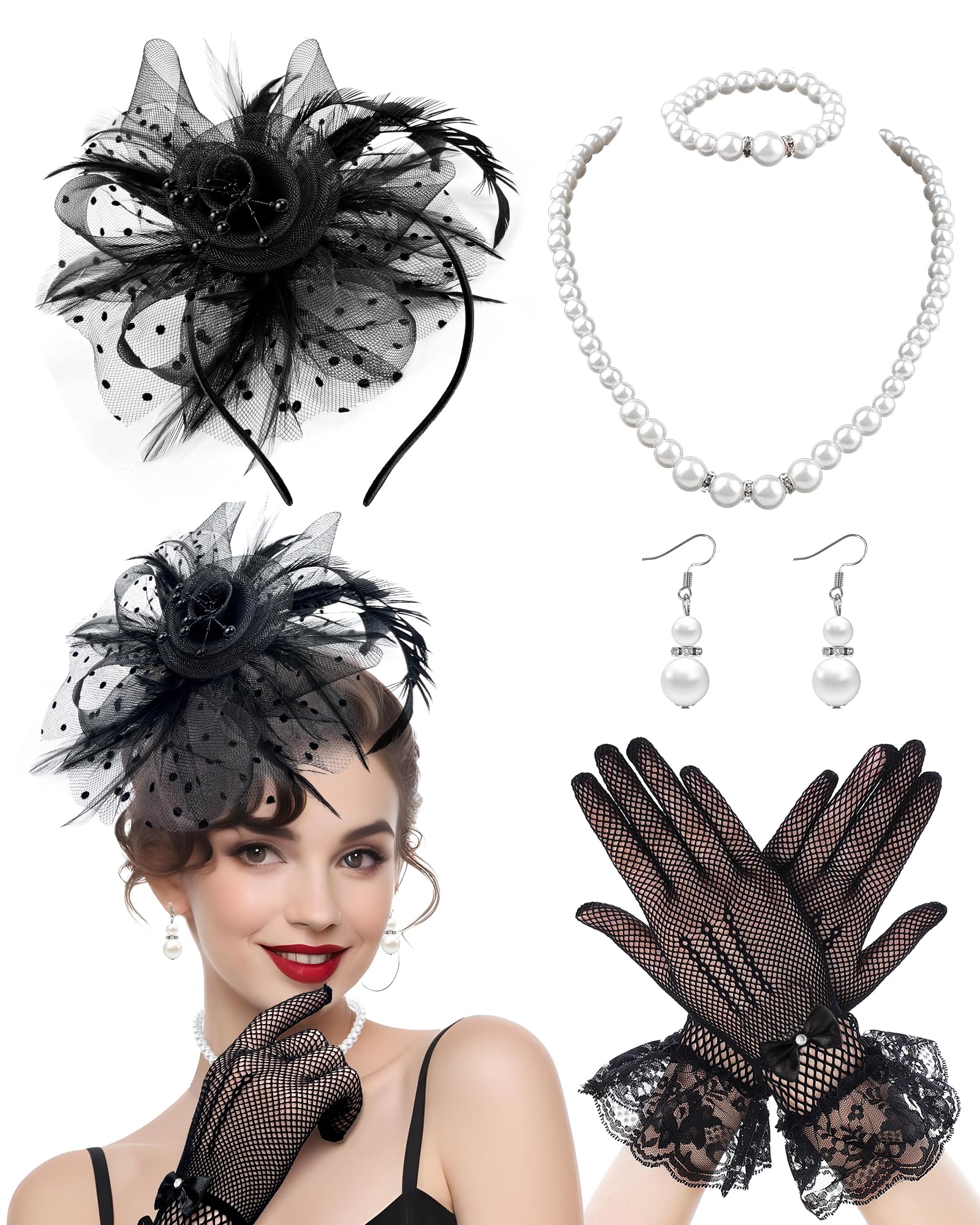 MAYCREATE® 5Pcs Fascinators Hat for Women Tea Party Veil Mesh Headband Feather Hat for Women Veil Tea Party Hats