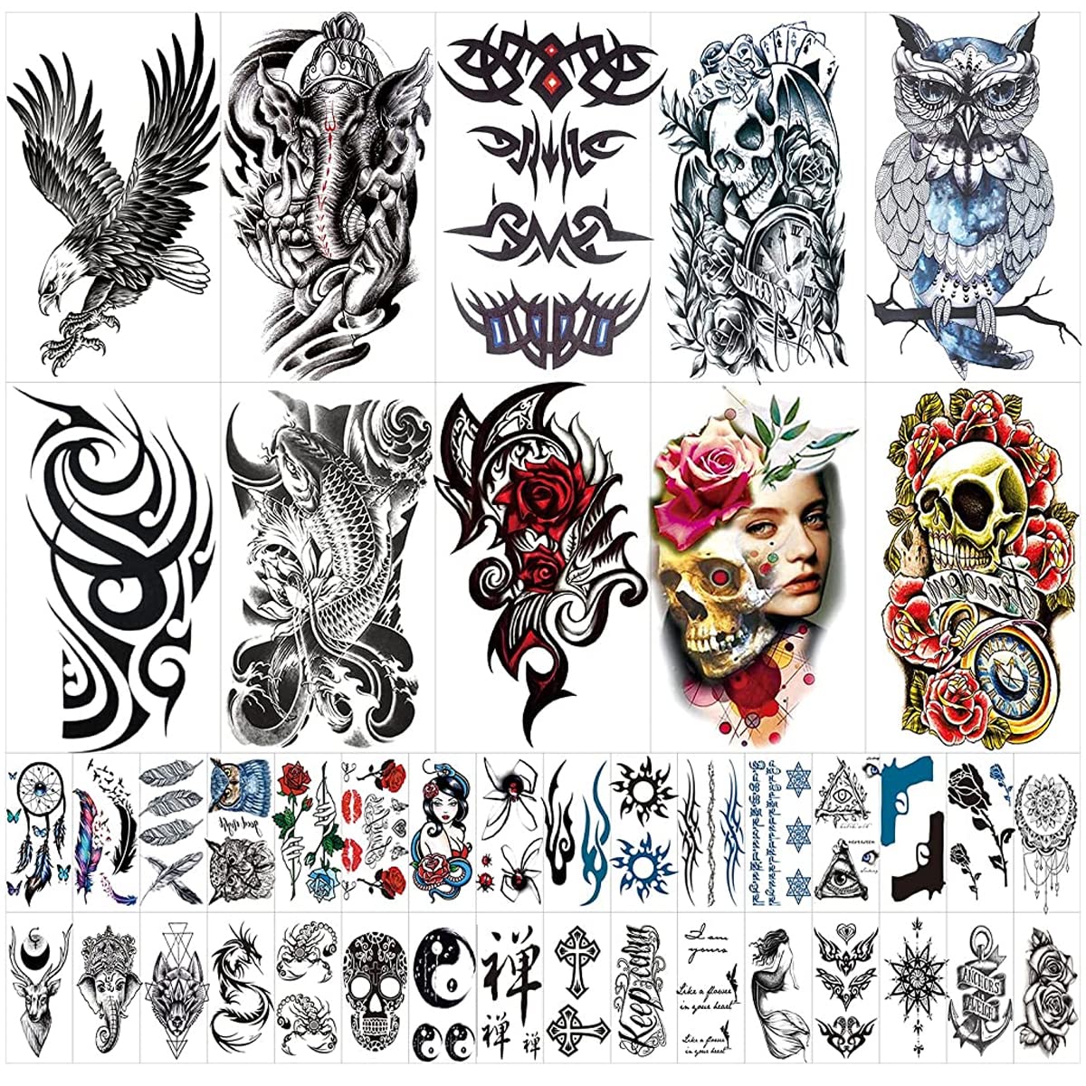 HASTHIP® 42 Sheets Waterproof Skull Variety Eagle Temporary, Assorted Tattos Sticker for Men & Women Body Art