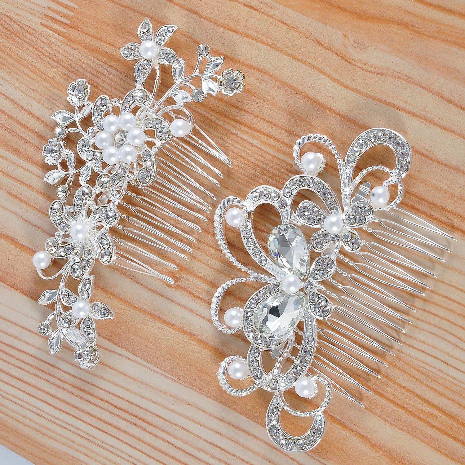 PALAY® 2 Pcs Bridal Hair Clips-Dainty Flowered Headpiece White Cream Flower Beads Hair Comb Vintage Crystals Hair Comb Hair Accessory for Women & Girls