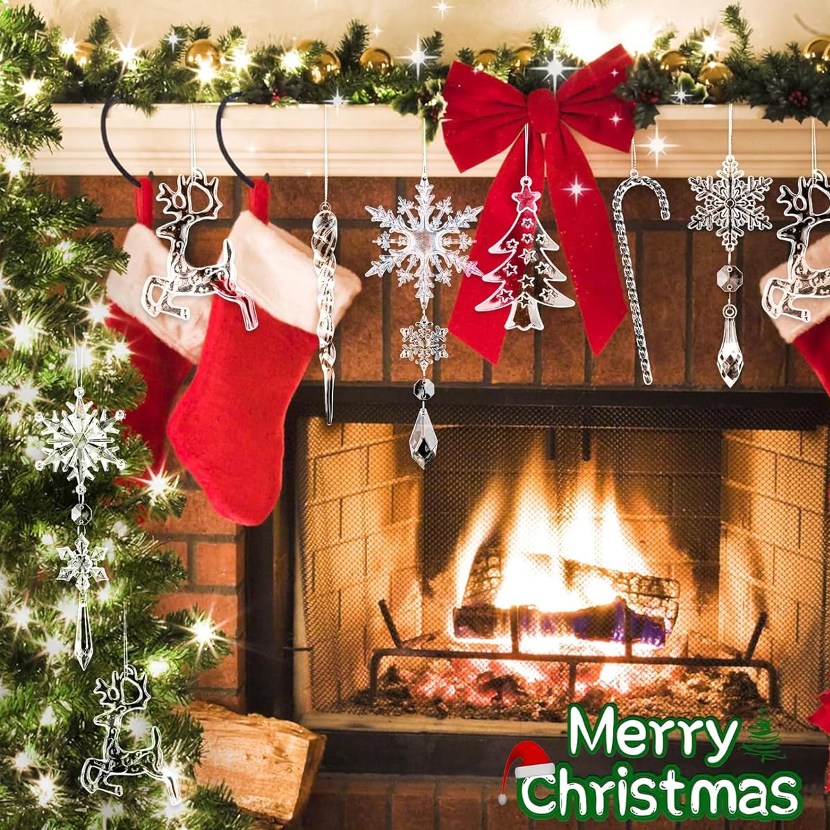 HASTHIP Christmas Tree Decorations 18Pcs for Home and Window featuring Crystal Acrylic Snowflake and Icicle Ornaments