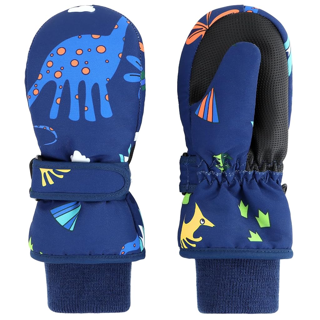 PATPAT® Children Winter Gloves Cartoon Dino Printed Windproof Mittens for Boys Aged 7-14 Years Old, Insulation Fleece Lined Outdoor Warm Gloves with Elastic Cuffs