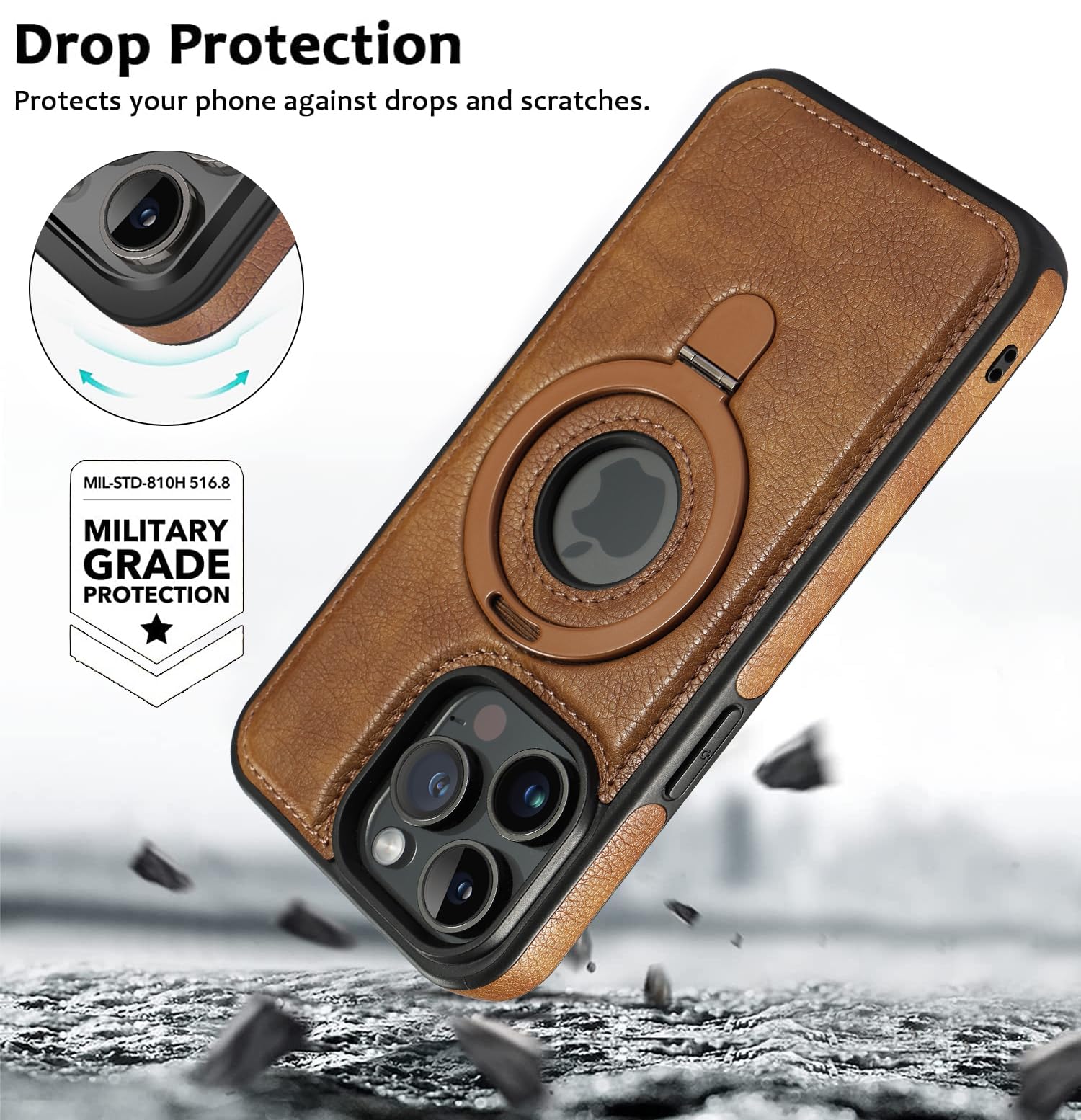 Zeitel Phone Case for iPhone 15 Pro Max 6.7 inch with Metal Kickstand and MagSafe | Brown PU Leather Anti Scratch Protection