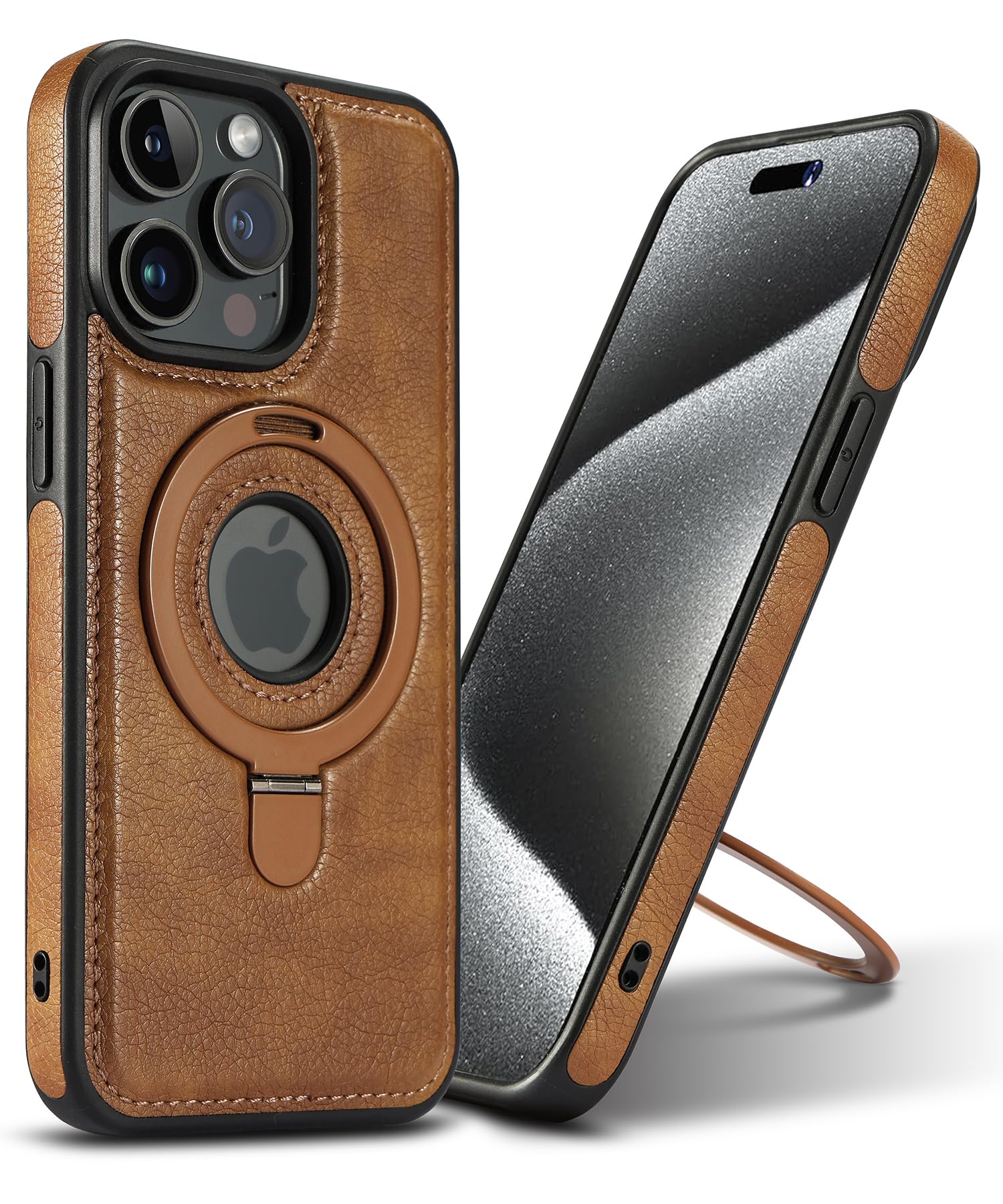 Zeitel Phone Case for iPhone 15 Pro Max 6.7 inch with Metal Kickstand and MagSafe | Brown PU Leather Anti Scratch Protection
