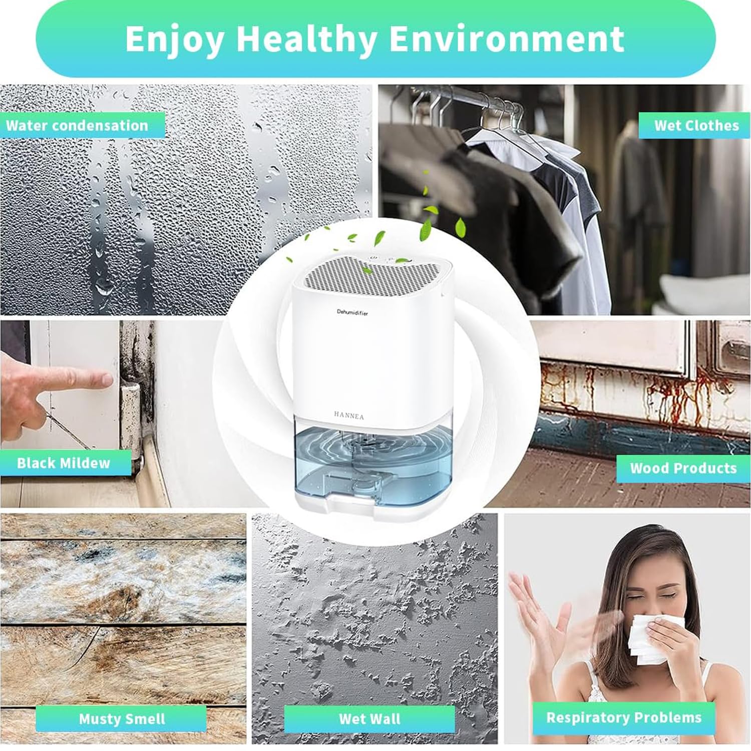 HANNEA Dehumidifier for Room with 1000ml Tank and Auto Shut Off | Quiet 30dB Operation