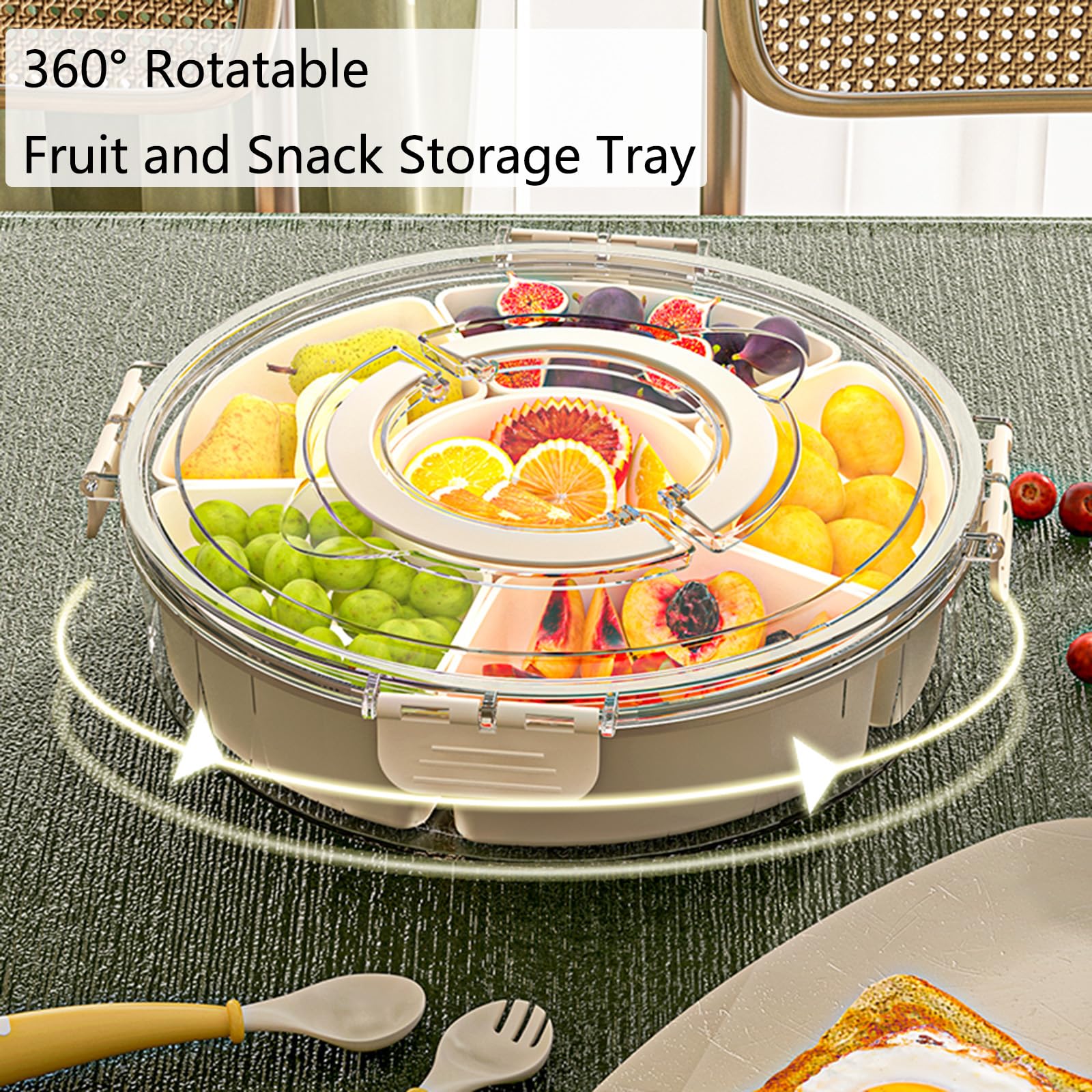 Supvox Rotating Snack Tray for Parties with 6 Compartments and Seal Lid | Food Grade PP Organizer
