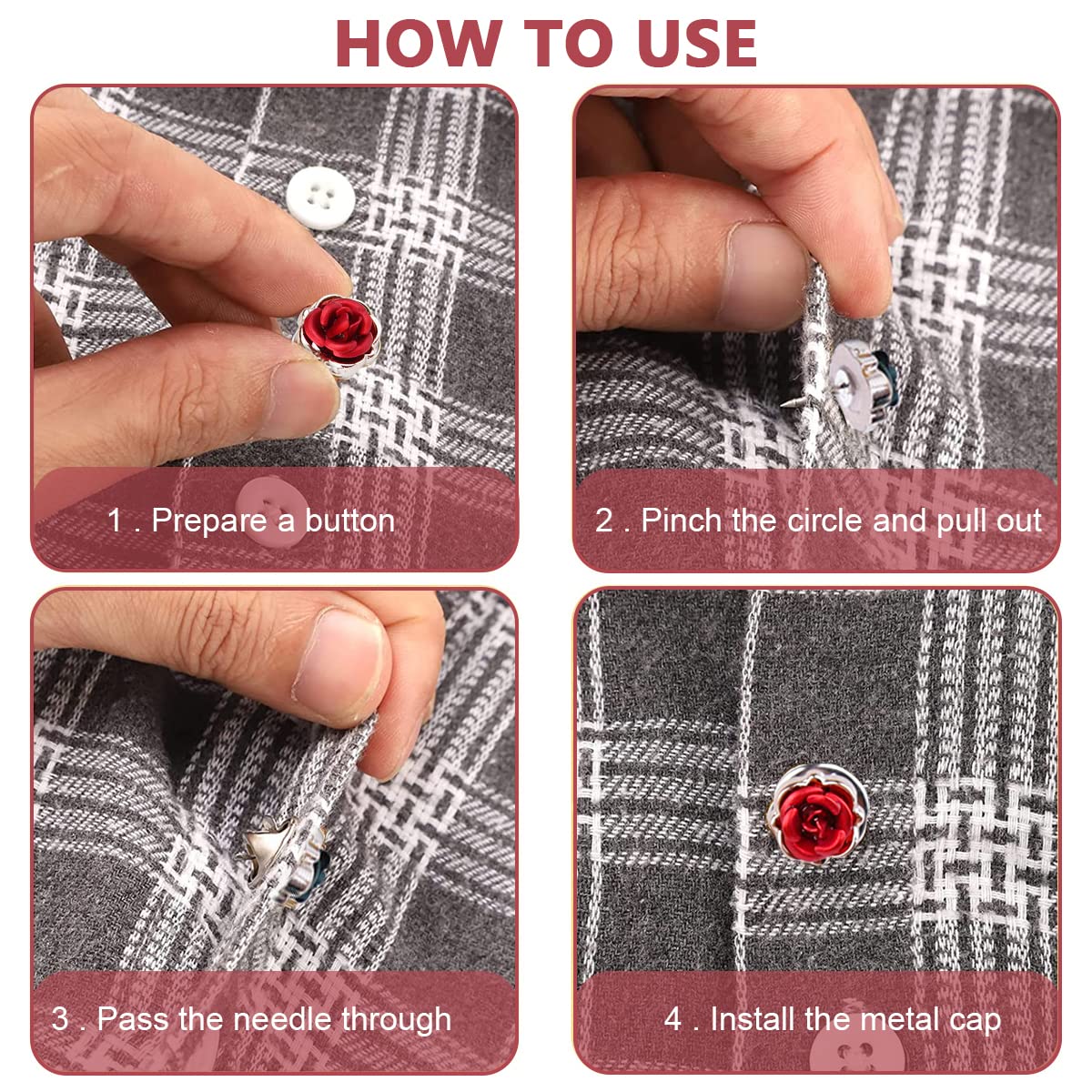 SANNIDHI 5 Pairs Women Shirt Brooch Buttons Rose Flower Cover Up Button Pins No Sew Lapel Pins, Metal Safety Sweater Shawl Clips Buttons for Coat Dress Clothes Decor (Removable, 5 Colors)