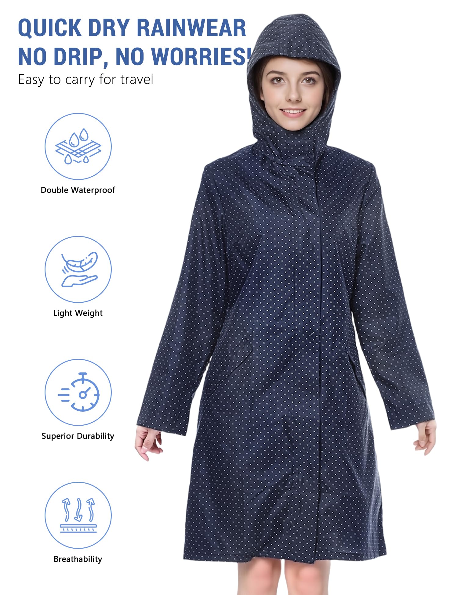 Venzina Raincoat for Women with Hood and Snap Button Front featuring Polka Dot Design | Waterproof Nylon Knee Length Jacket in Navy Blue