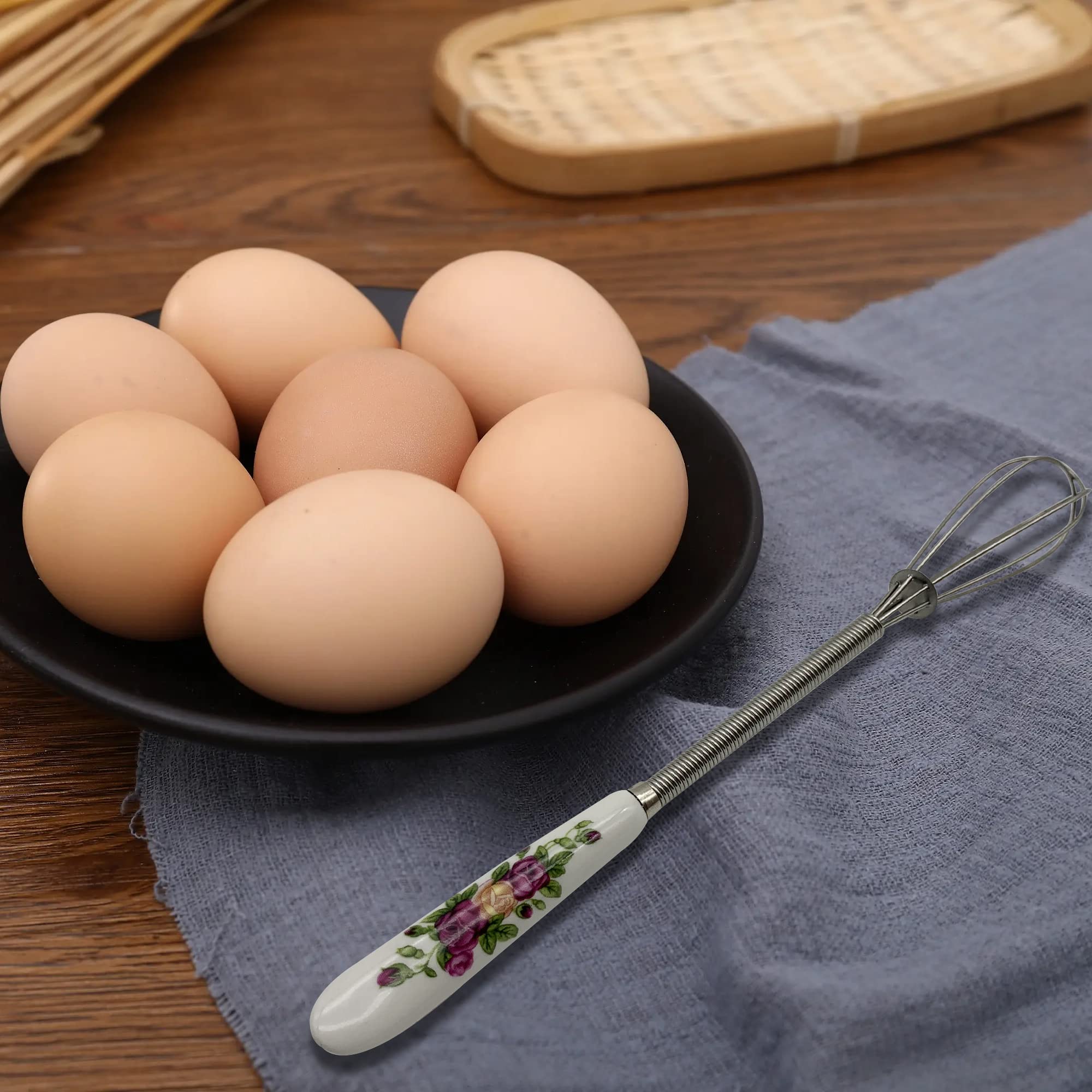 ZIBUYU Hand Whisk for Kitchen featuring Ceramic Handle with Floral Print 7 in | Stainless Steel