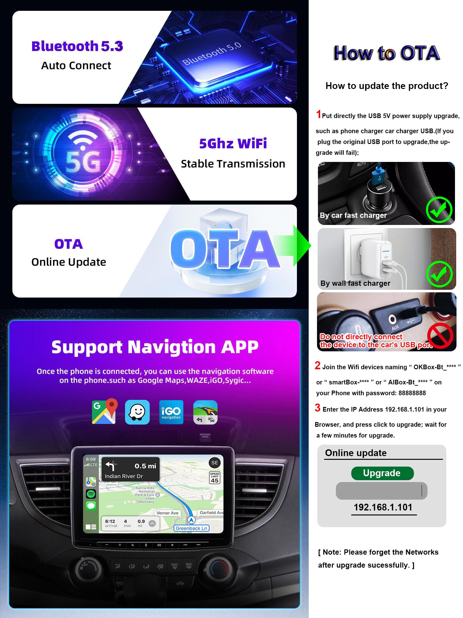 Zitronix Wireless CarPlay Adapter for Android Auto with Bluetooth 5.2 and Plug and Go Setup