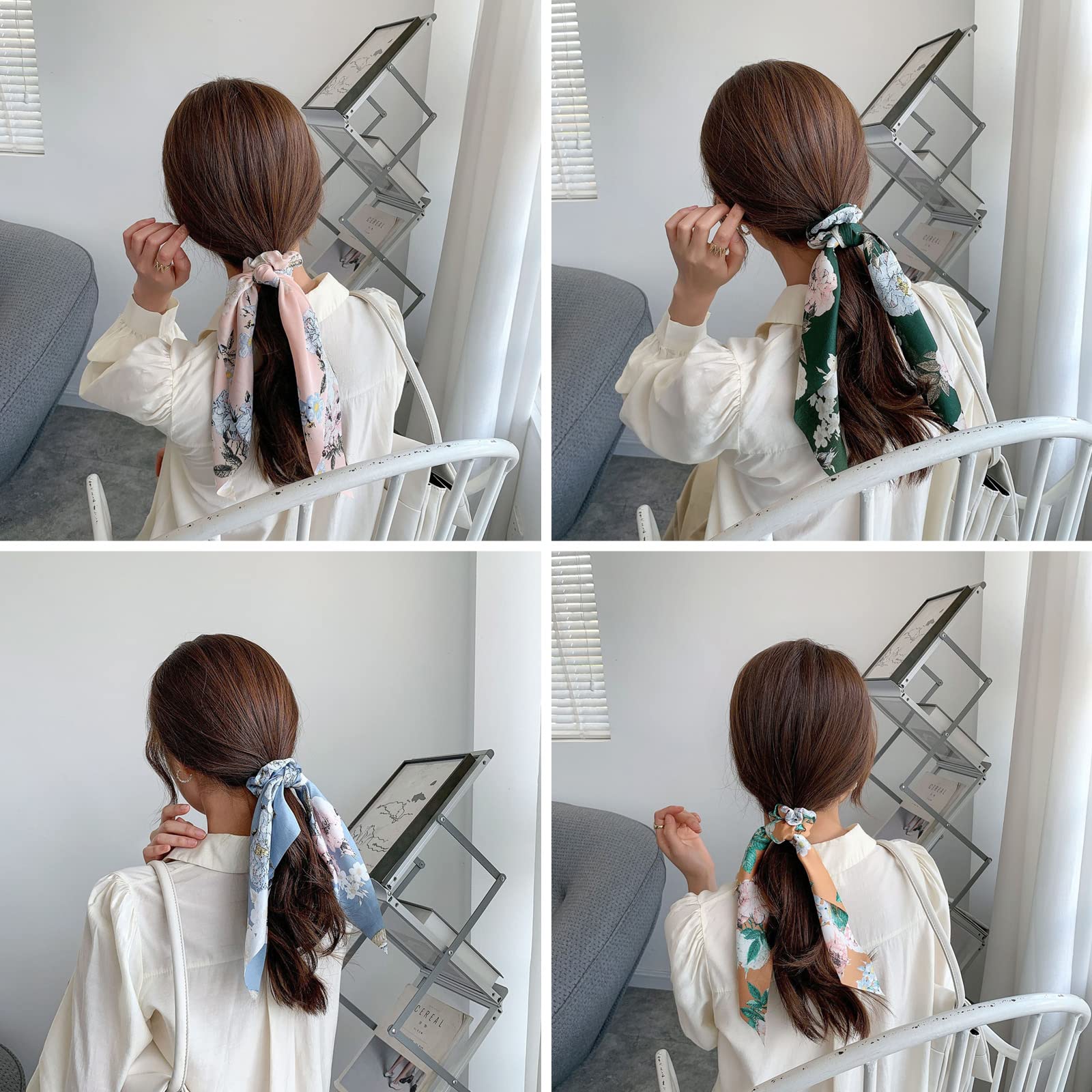 MAYCREATE Hair Scarf Scrunchies Set for Women with Soft Elastic Bands and Floral Ribbons | 5 Pcs