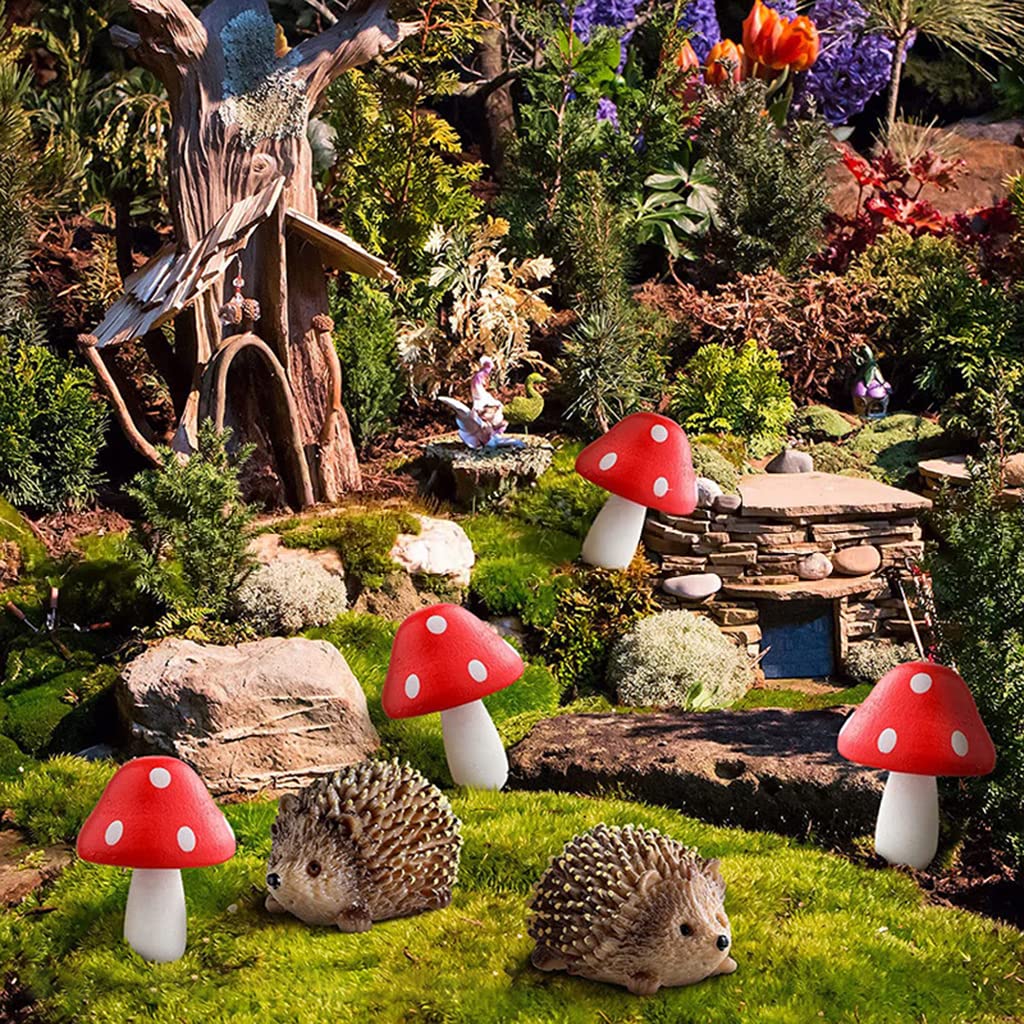 HASTHIP® 6PCS Fairy Outdoor Garden Animals Figurines Outdoor Fairy Wild Garden Accessories Resin Hedgehogs and Wood Mushroom Miniature Garden for Plant Pots Bonsai Craft Decor Fairy Wild Garden