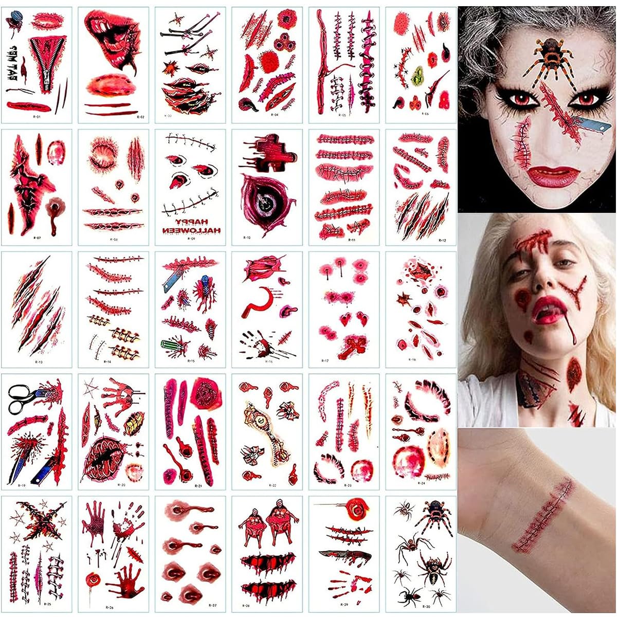 MAYCREATE® 30 Sheet Halloween Face Tattoo Sticker Makeup Tattoo Sticker Scary Scar Tattoo Sticker Wounds Face Body Tattoo Sticker Fun Halloween Face Sticker for Halloween Makeup, Theme Party