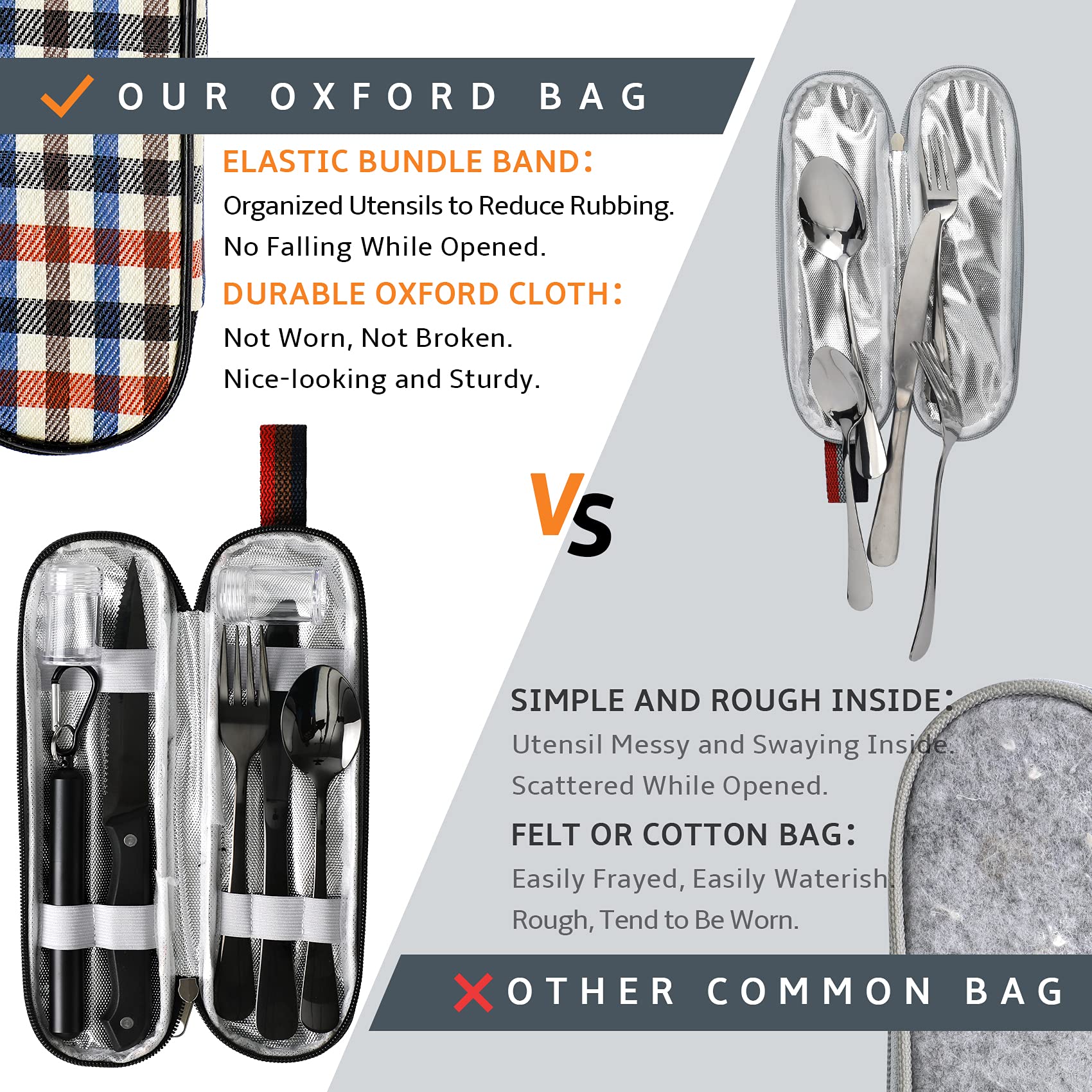 HASTHIP Portable Travel Utensils Set for Camping and Office with Zipper Case and Straw | Reusable Stainless Steel Flatware in Black