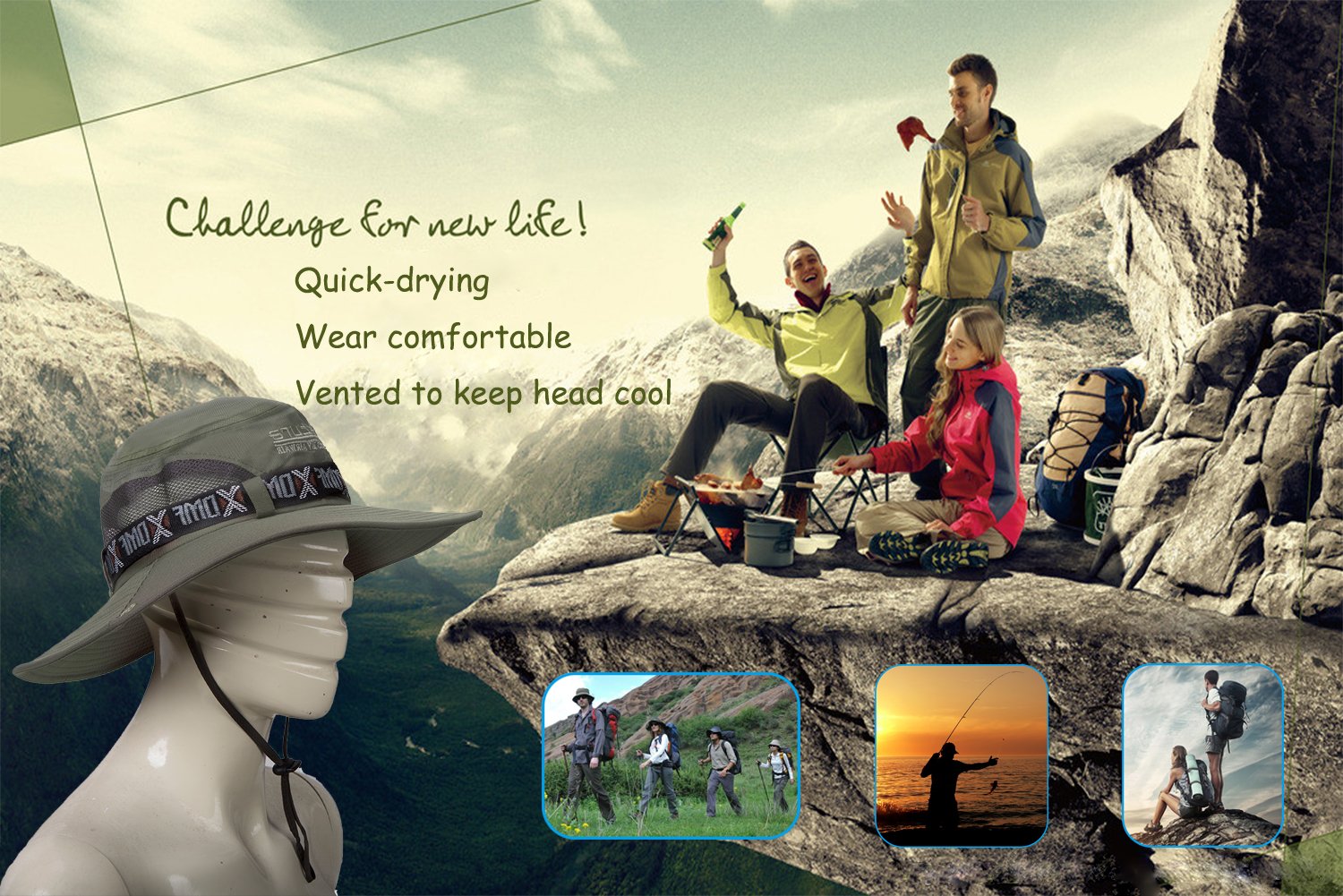 GUSTAVE Synthetic Wide Brim Hat for Fishing Hiking and Camping | UPF 50 Mesh Army Green 2PCS