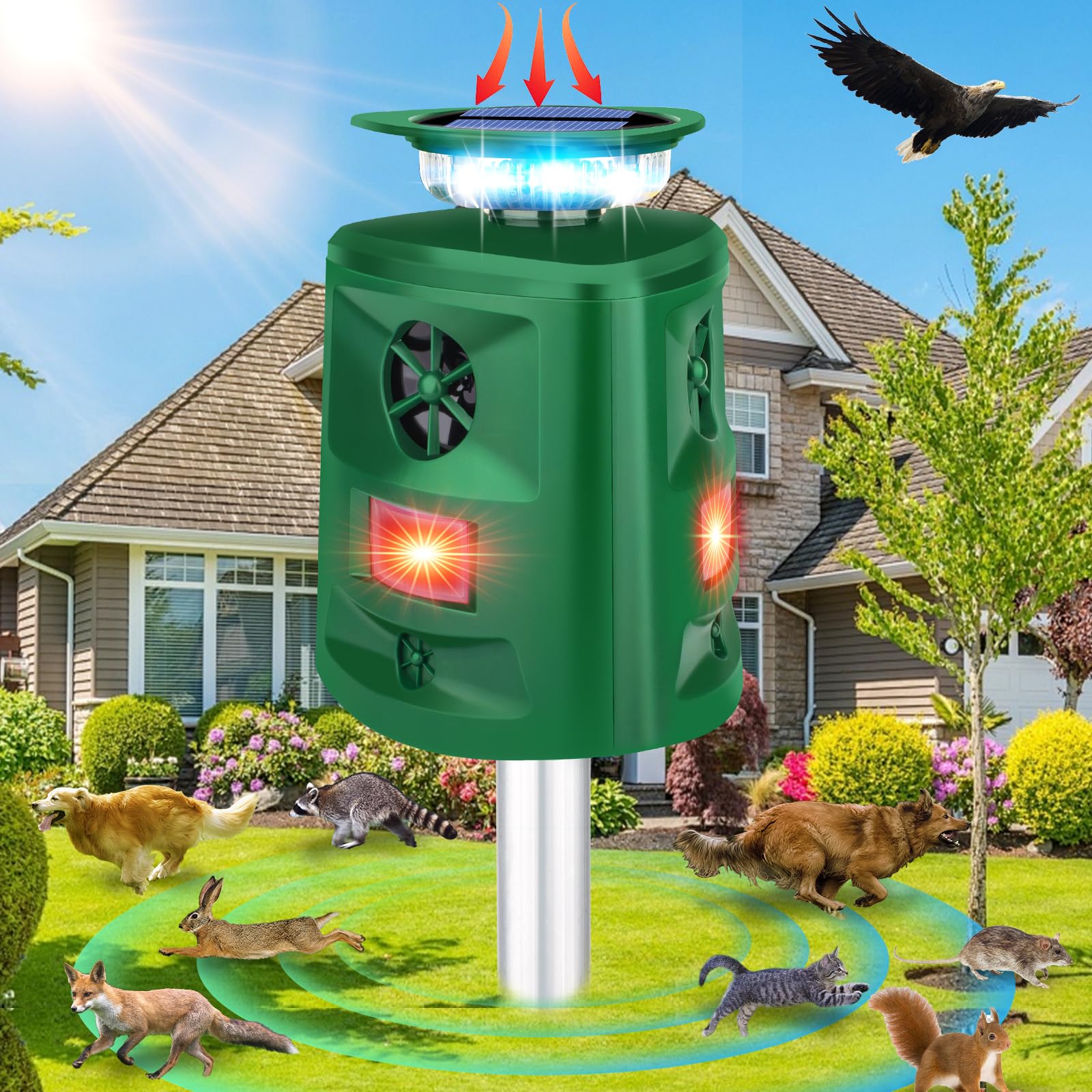 HASTHIP® Solar Ultrasonic Animal Repeller with Motion Sensor 5 Modes Solar Animal Repeller with Flash Warn Light Weather Proof Solar Animal Repeller for Rodents, Birds, Small Animals