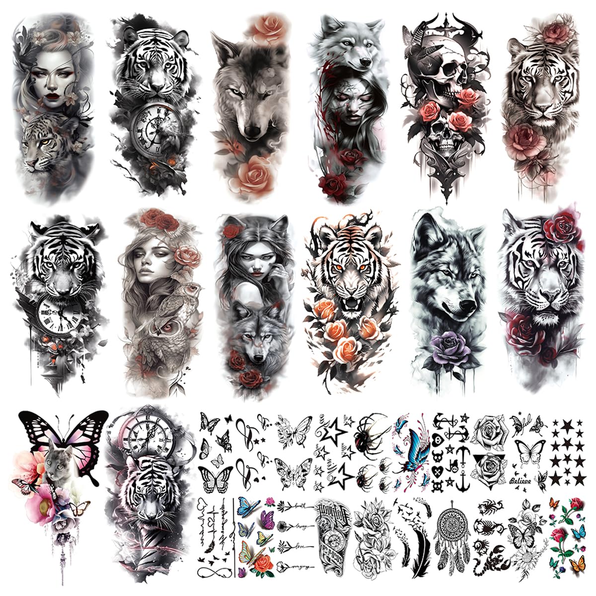 MAYCREATE Temporary Tattoo with 34 Sheets for Men and Women featuring 3D Realistic Designs | Waterproof Body Art Stickers