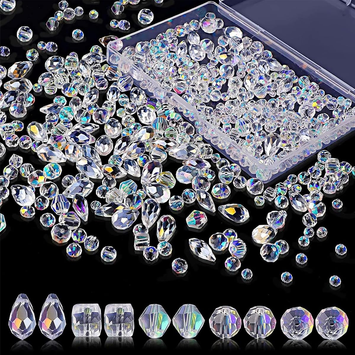 SANNIDHI Glass Crystal Beads for Jewellery Making featuring 600 pcs in 5 shapes | Clear AB Set for DIY Crafts