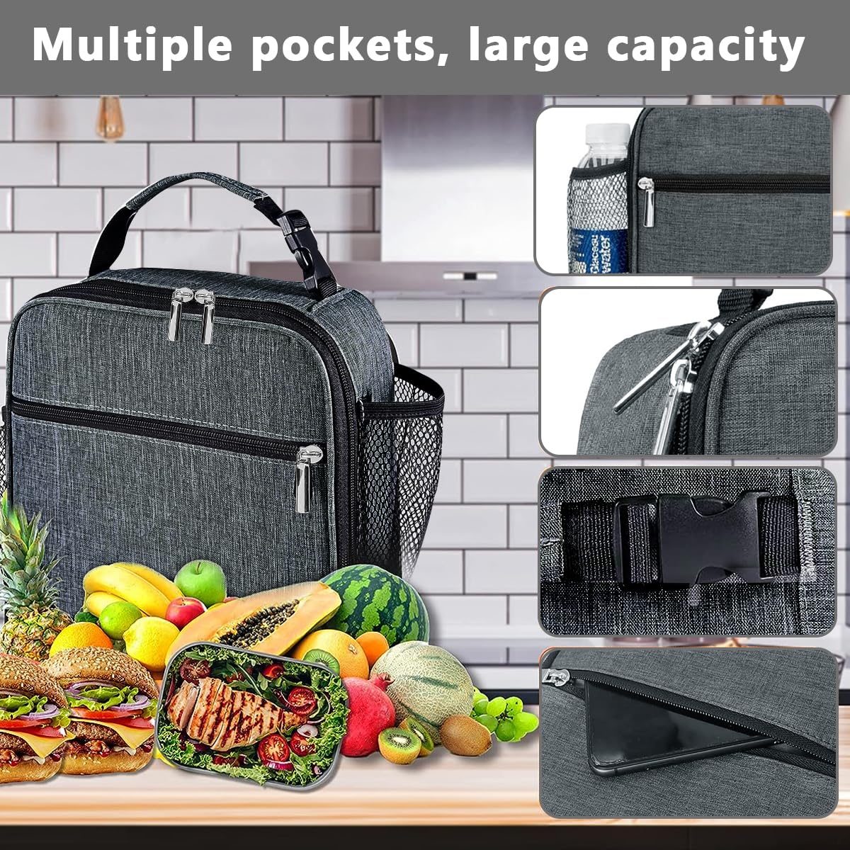 Venzina Lunch Box for Work and Picnic with Quick Release Buckle Handle 8.7×4.5×10.2 in Grey | Insulated Oxford Fabric for Men and Women
