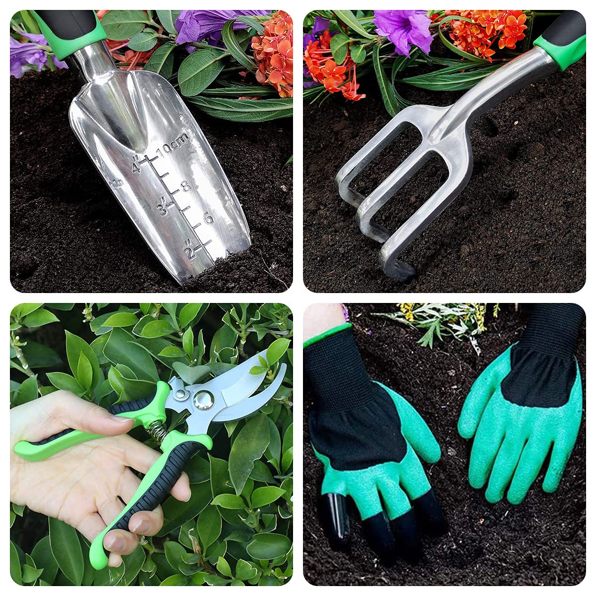 HASTHIP Garden Tool Set for Home Gardening with Rubber Handles and Stainless Steel Tools | 4Pcs Spade Cultivator Pruner Gloves