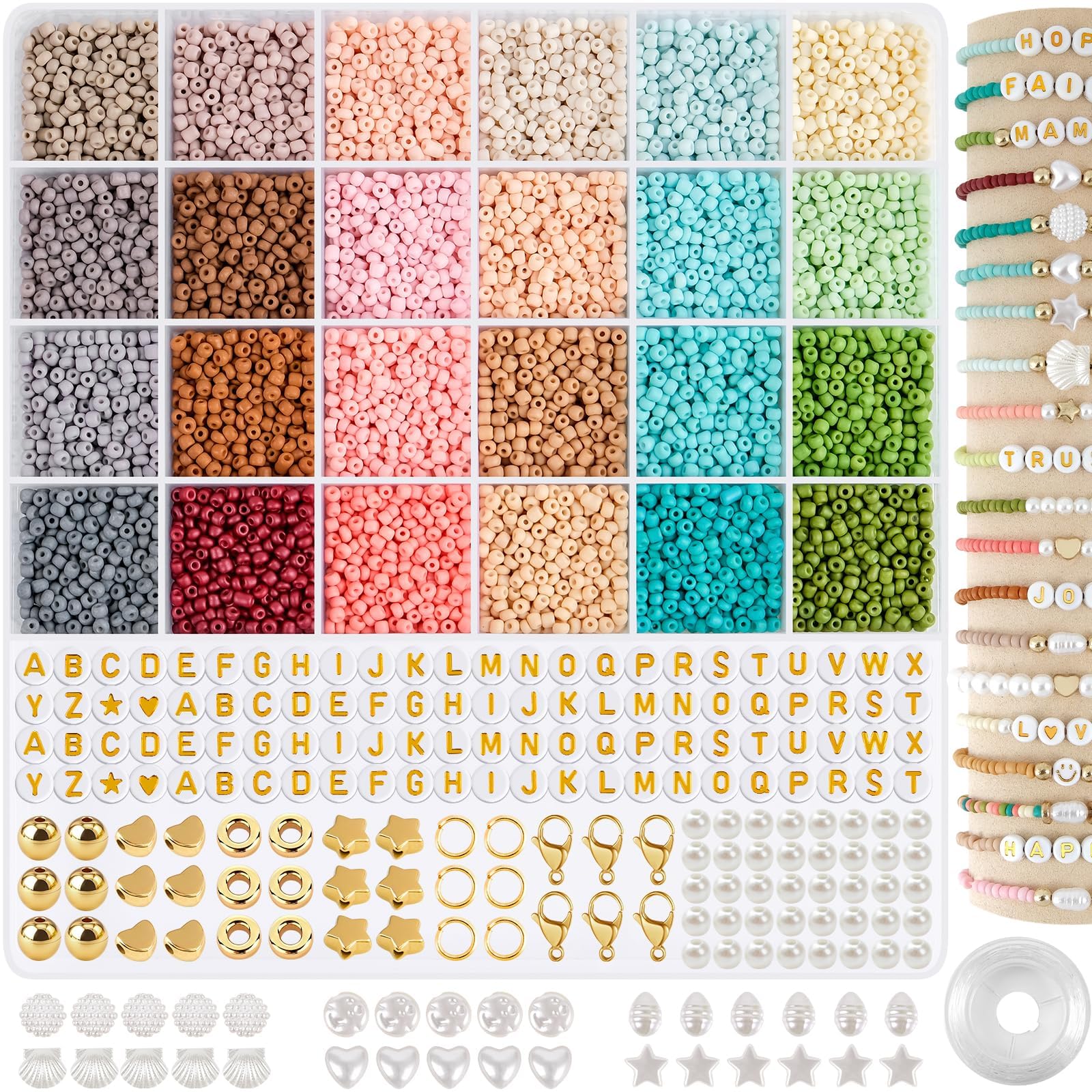 SANNIDHI® 24-Color 3mm Seed Beads for Bracelet Making, with Spacer Beads, Letter Beads, Charm Beads, DIY Jewelry Making Beads Seed Beads Kit with Scissors & Tweezer