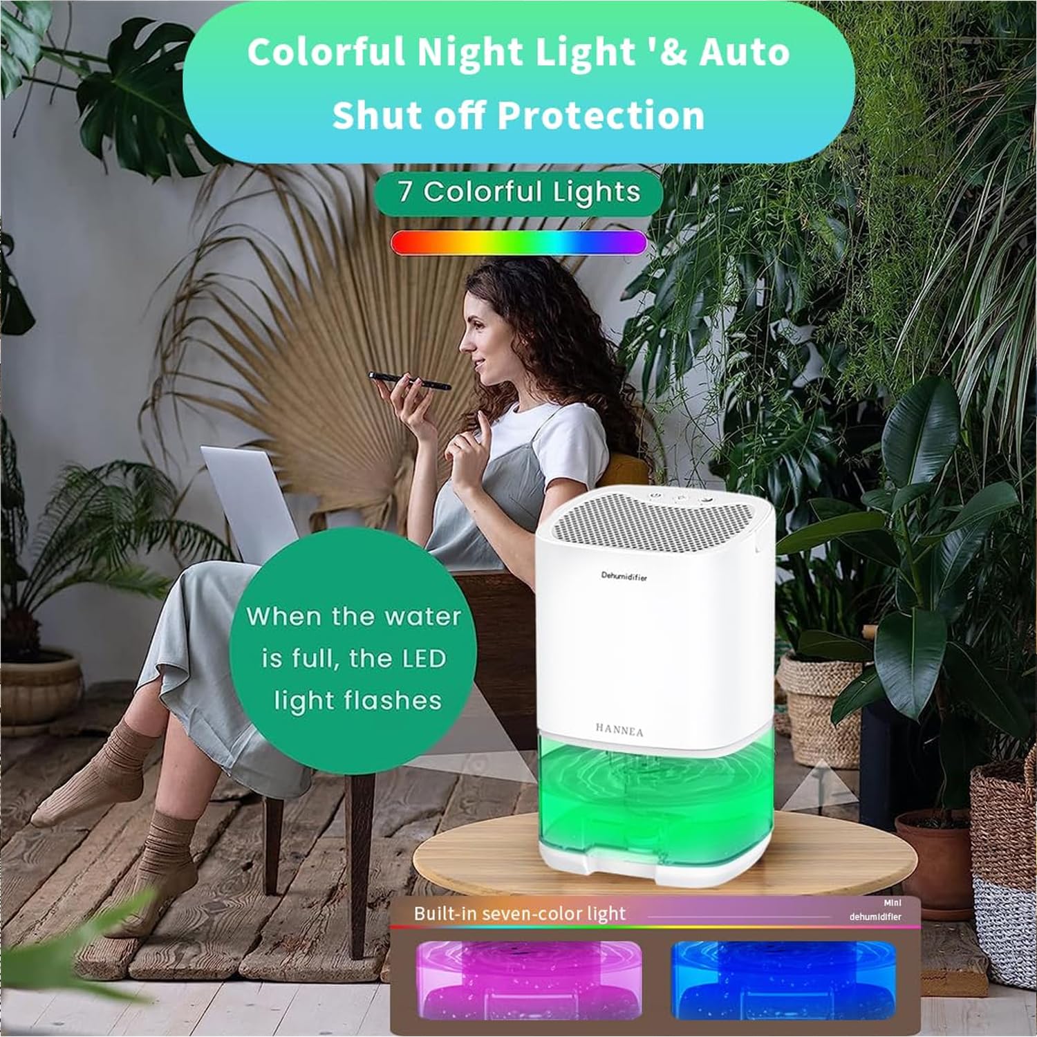 HANNEA Dehumidifier for Room with 1000ml Tank and Auto Shut Off | Quiet 30dB Operation