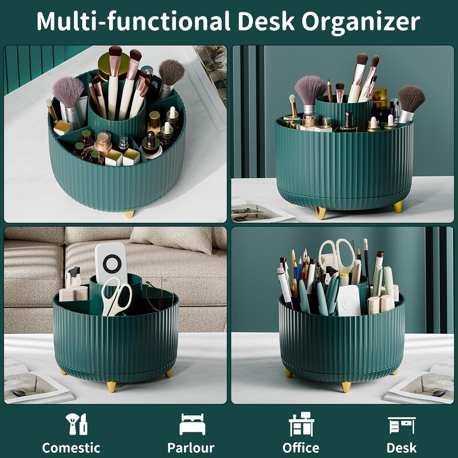 Zibuyu Makeup Brush Organizer for Desk and Vanity featuring 360 Degree Rotating 5 Compartments 15x15x12cm Green
