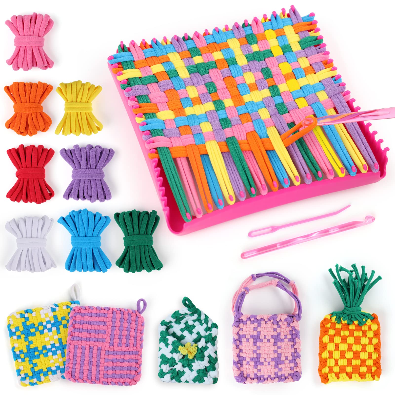 PATPAT® Weaving Loom Kit DIY Art Craft Kit for Kids 12-Color Colorful Elastic Rope Color Plaid Weaving Art Kit with Crochet Needles, Weaving Loom, Beginners DIY Art Crafts Kit for Kids and Adults