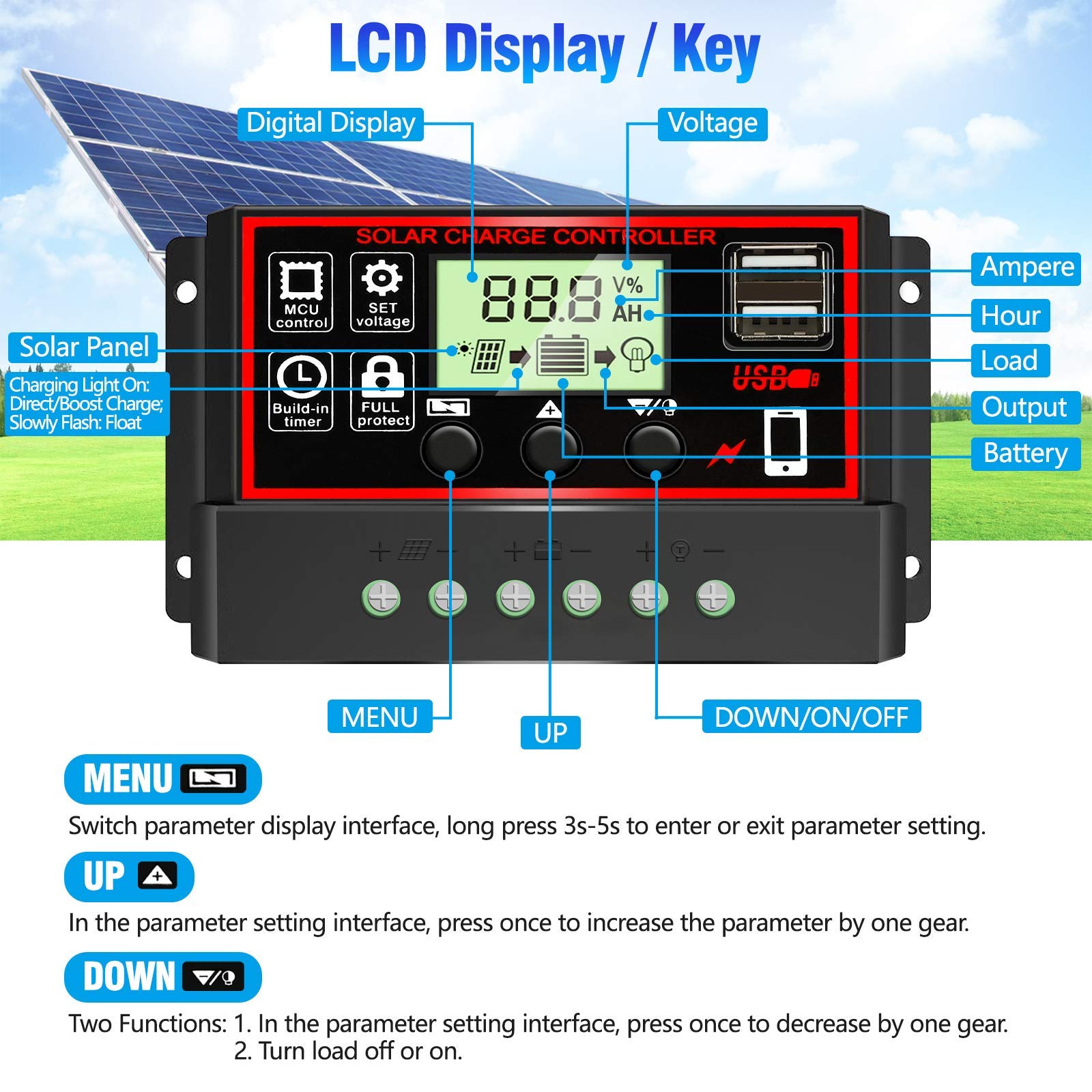 Verilux® 10A Solar Charge Controller, Black Solar Panel Battery Smart Regulator, Dual USB Ports 12V/24V PWM Automatic Paremeter Adjustable LCD Display