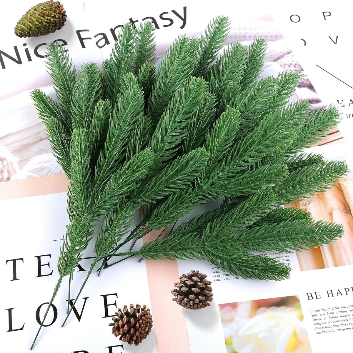 HASTHIP 30pcs Realistic Pine Branches for Christmas Decoration 10inches Pin Needle Branches Home Decor DIY Christmas Realistic Green Decoration for Vase, Table Setting, Garland Wreath