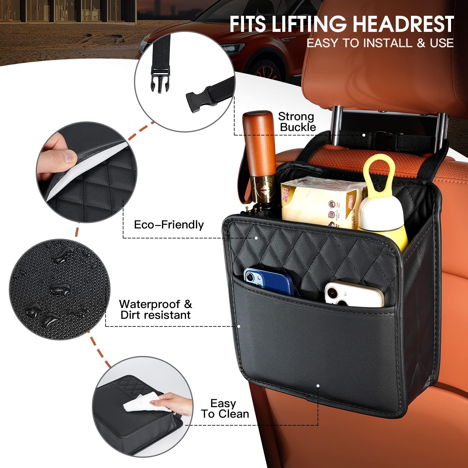 STHIRA® Car Back Seat Organizer Car Organizer Bag Car Headrest Hanging Organizer Pouch Car Headrest Quick Release Organizer Pouch Back Seat Organizer Pouch for Phone, Toy, Tissue Pack (25x22.5 cm)